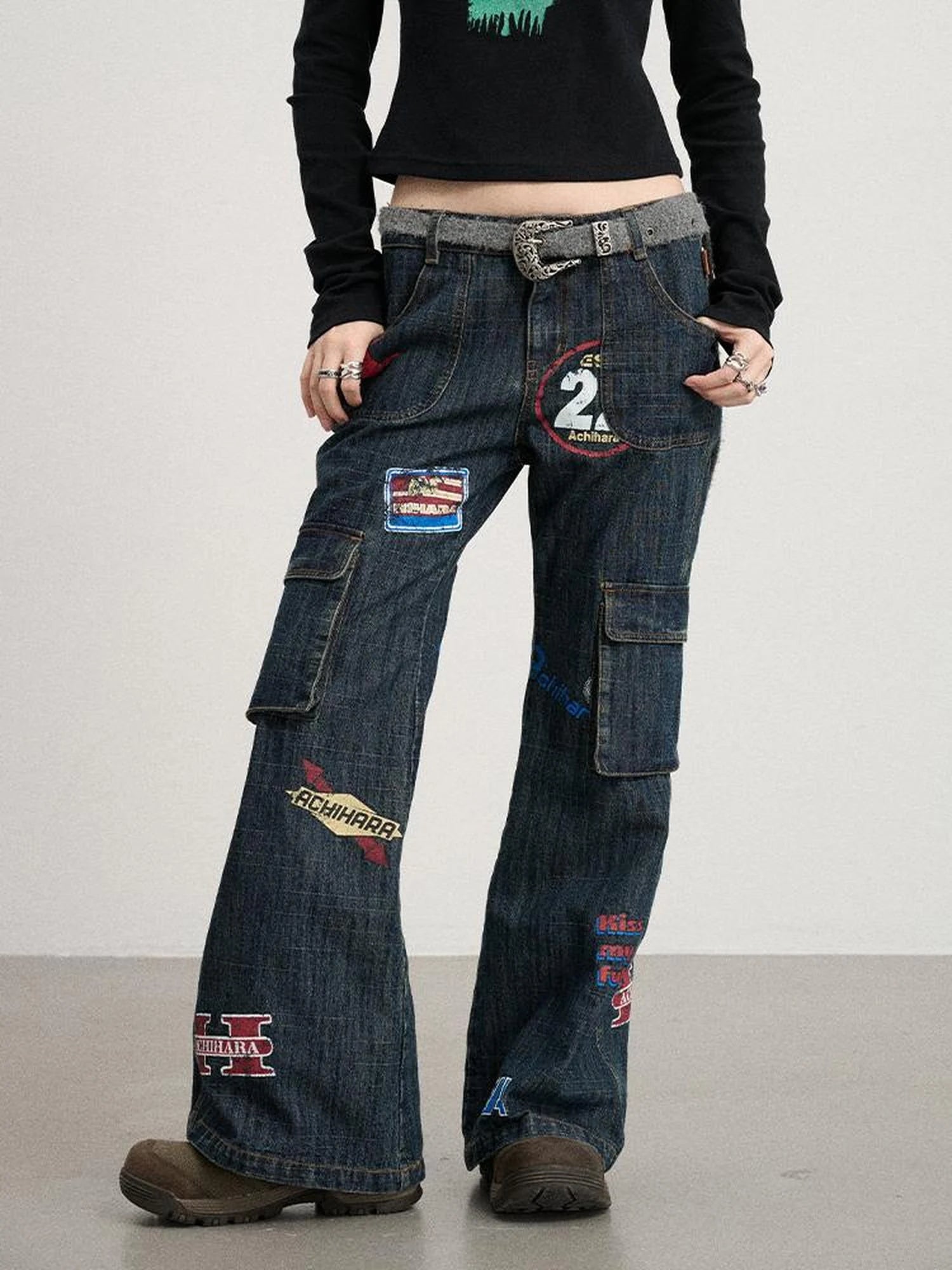 Vintage Stamp Washed Denim Flare Jeans