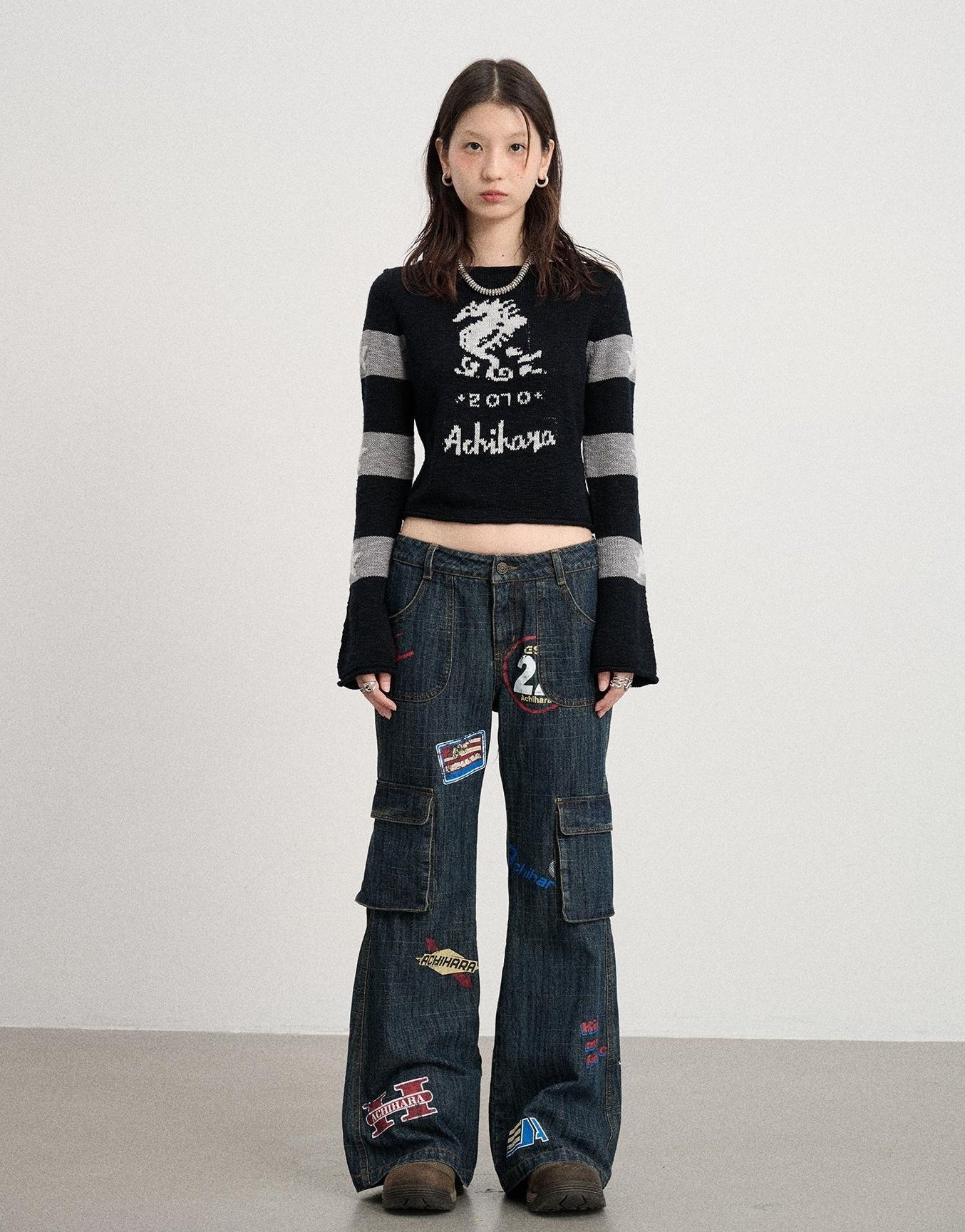 Achihara Vintage Stamp Washed Denim Flare Jeans