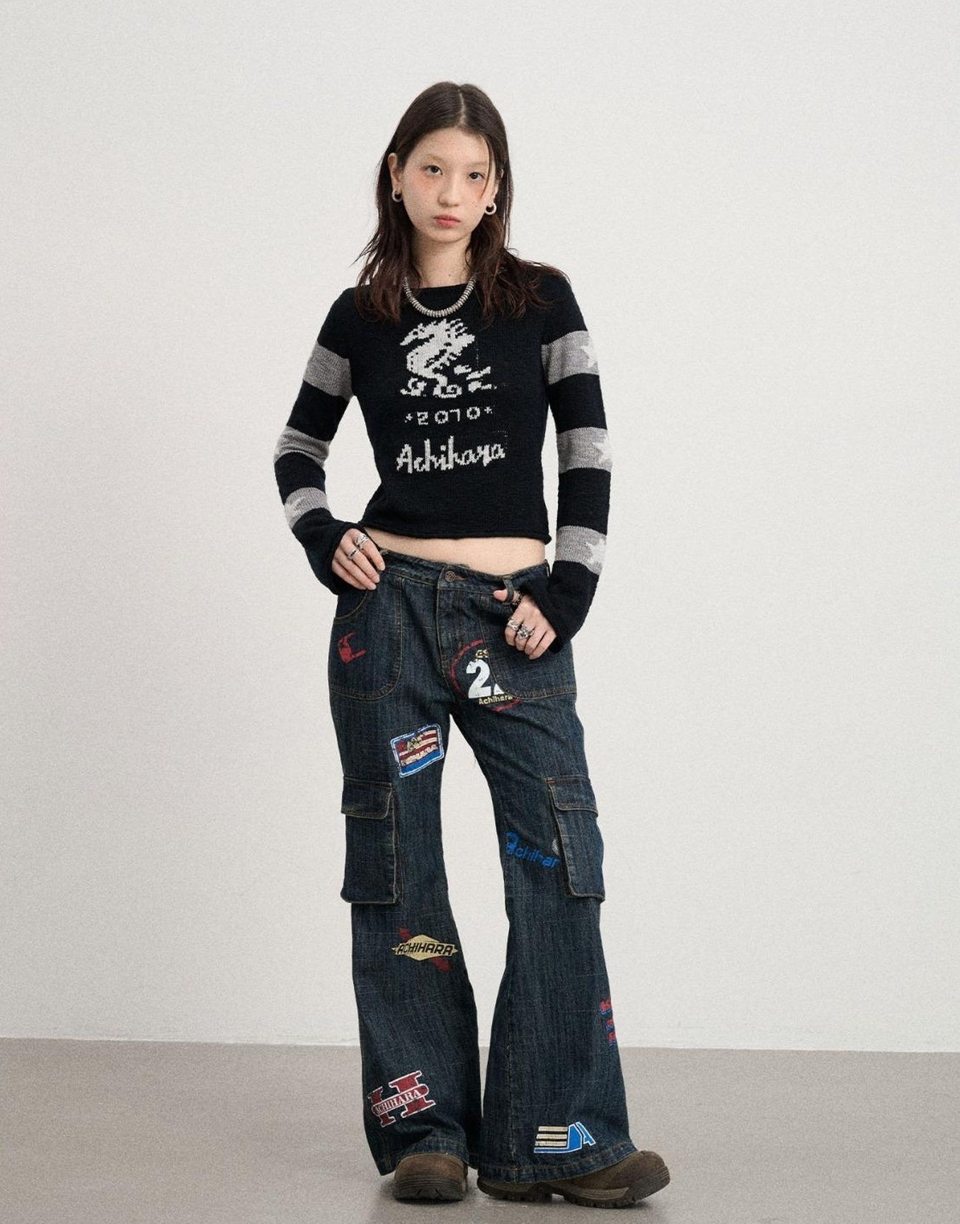 Achihara Vintage Stamp Washed Denim Flare Jeans