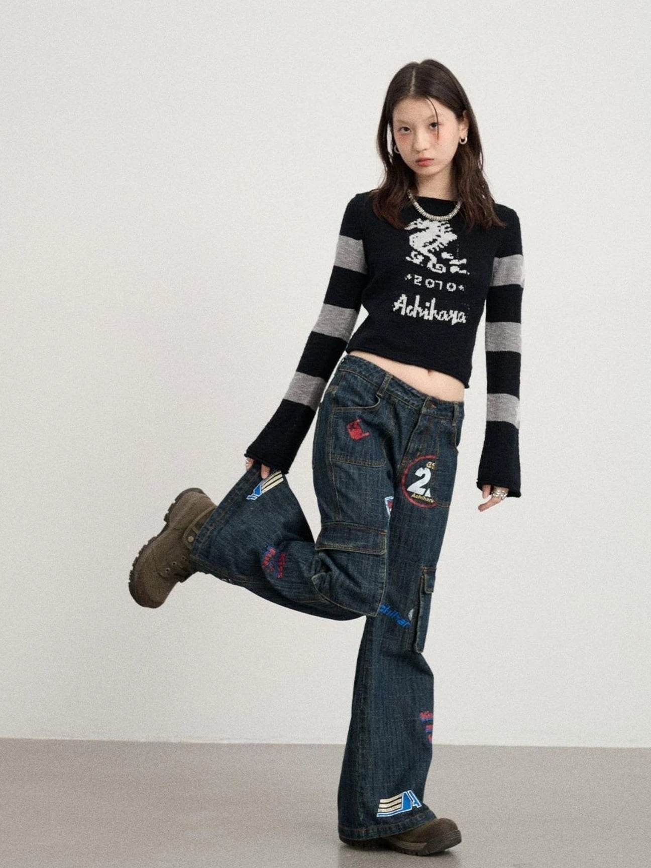 Vintage Stamp Washed Denim Flare Jeans