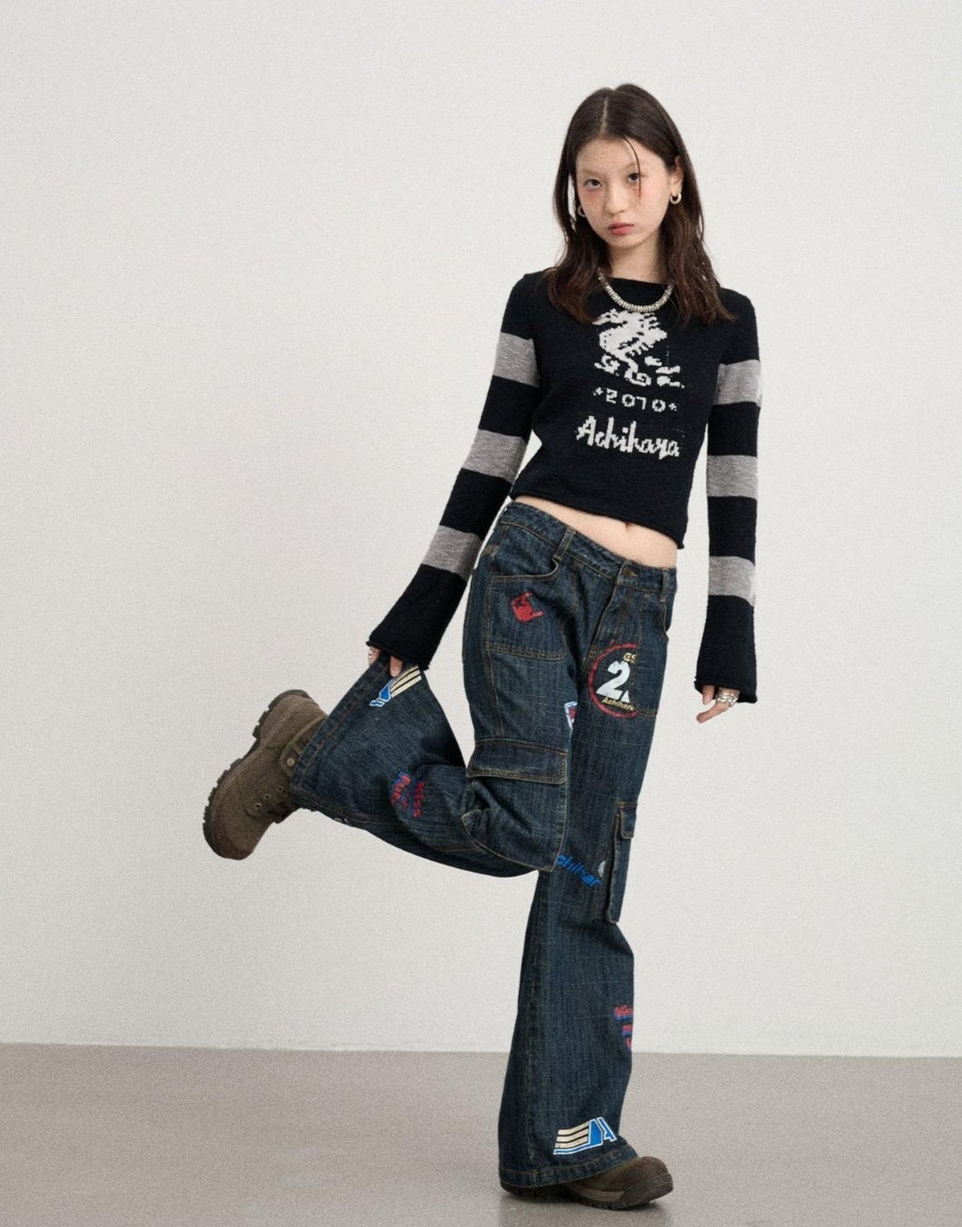 Achihara Vintage Stamp Washed Denim Flare Jeans