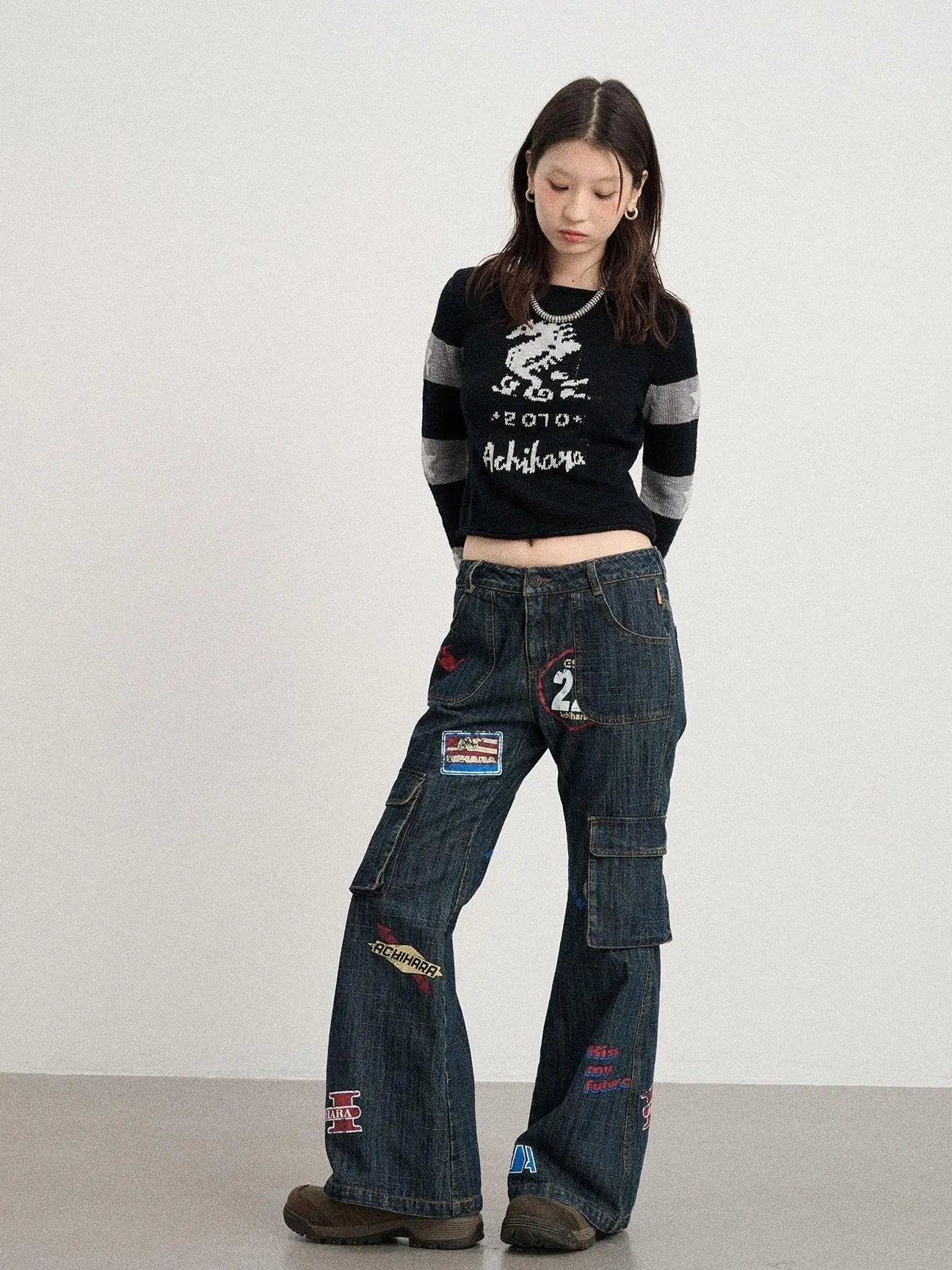 Vintage Stamp Washed Denim Flare Jeans
