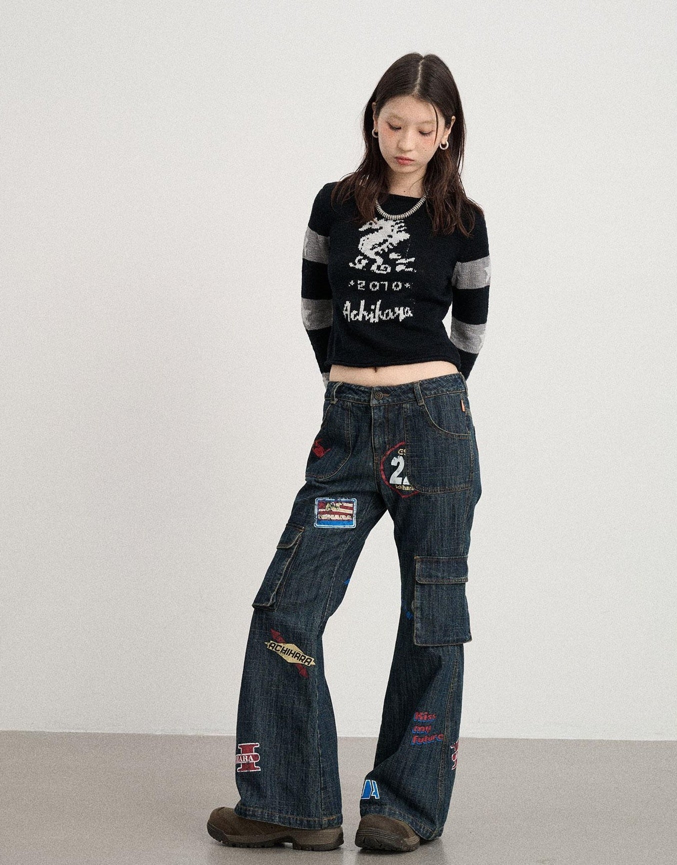 Achihara Vintage Stamp Washed Denim Flare Jeans