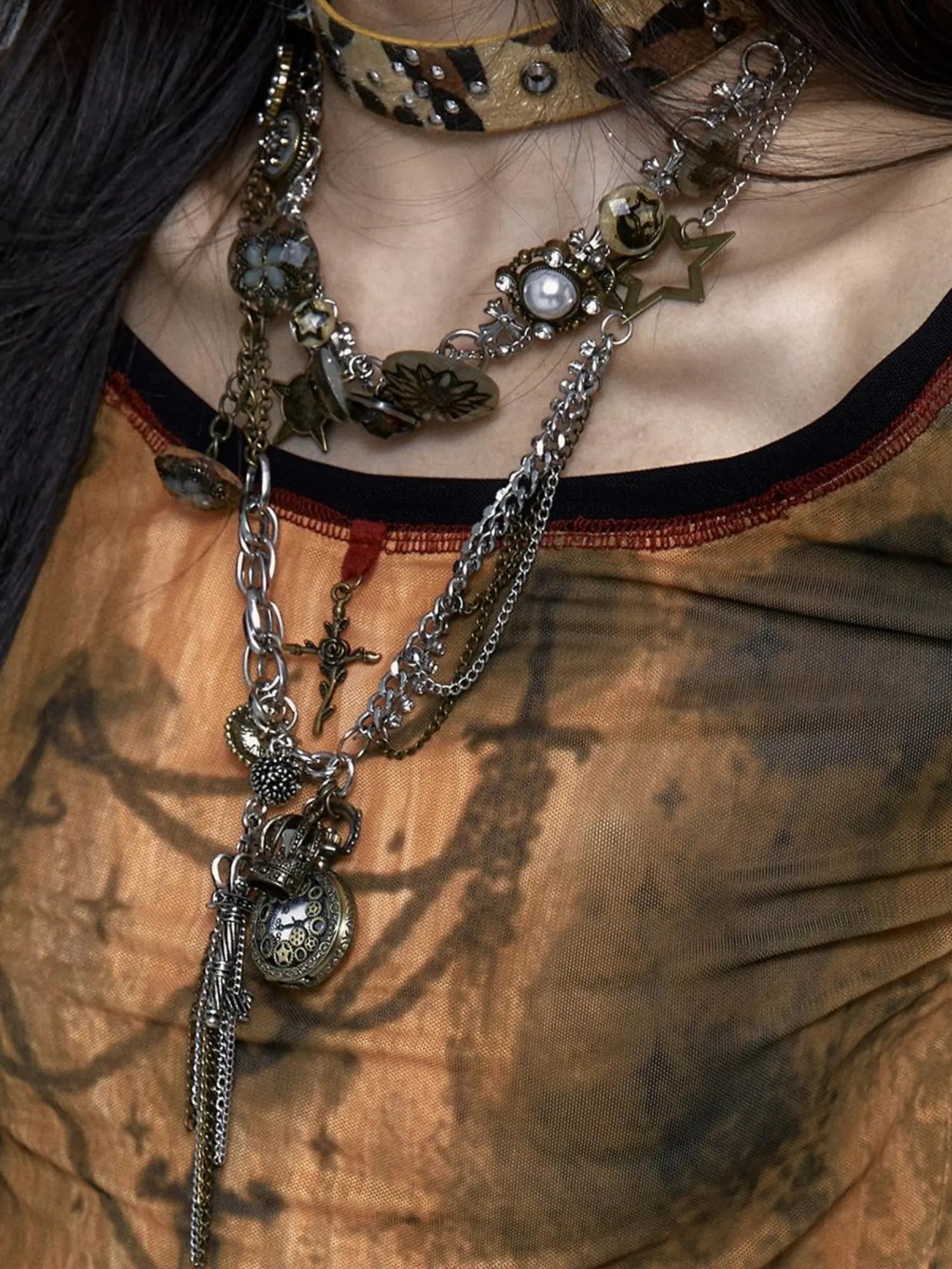 Vintage Steampunk Distressed Button Necklace Waist Chain