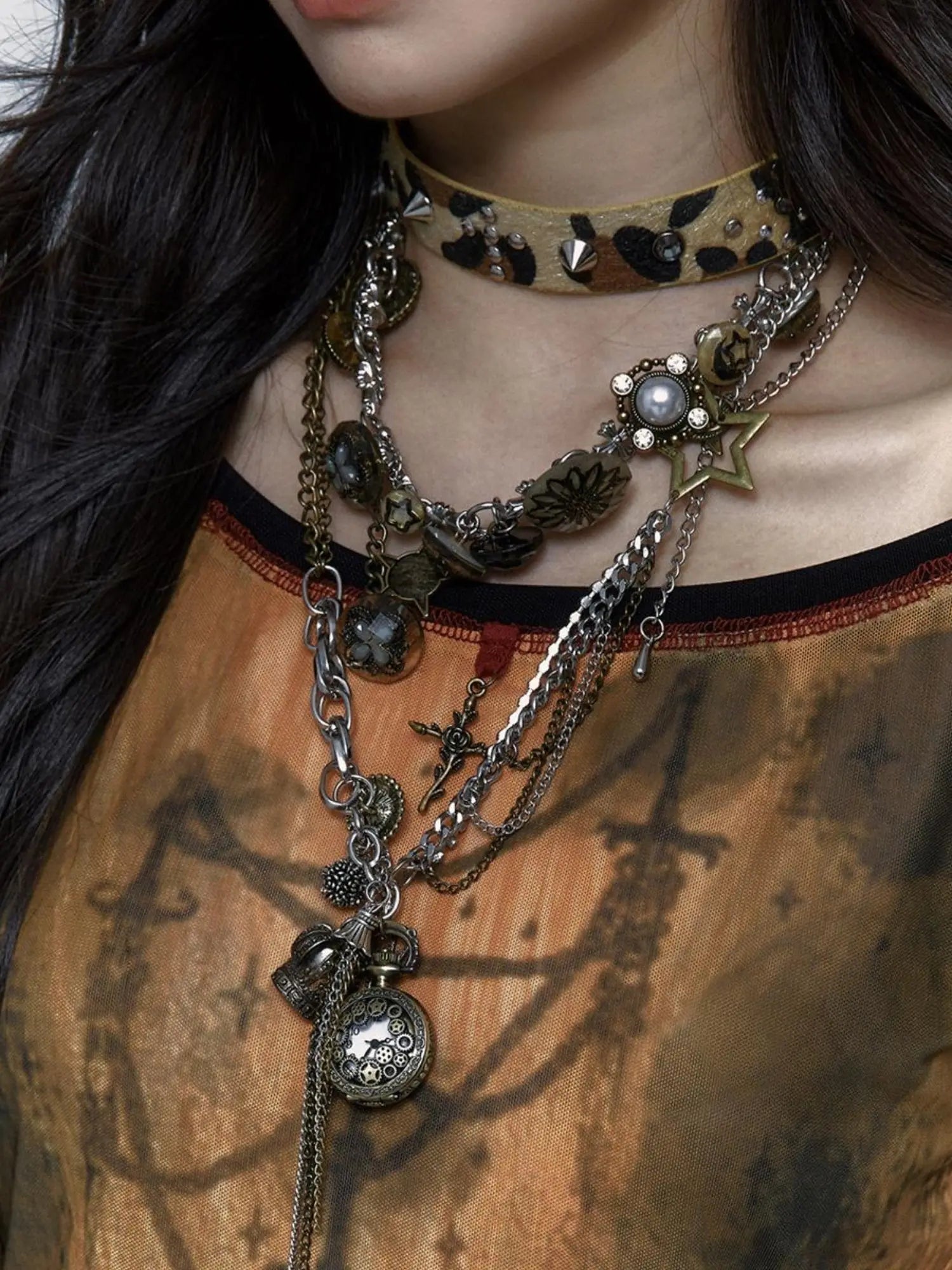 Vintage Steampunk Distressed Button Necklace Waist Chain