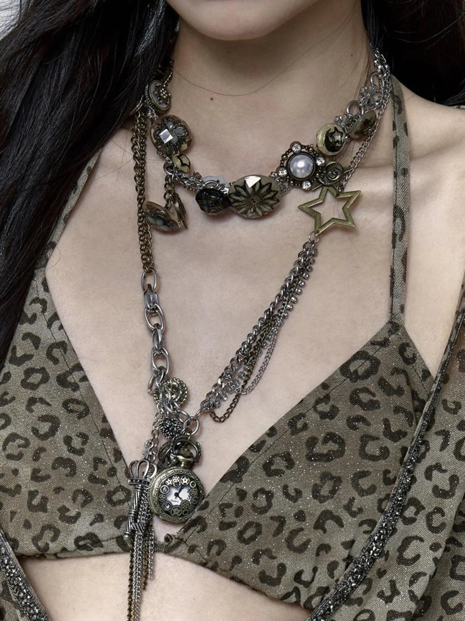 Vintage Steampunk Distressed Button Necklace Waist Chain