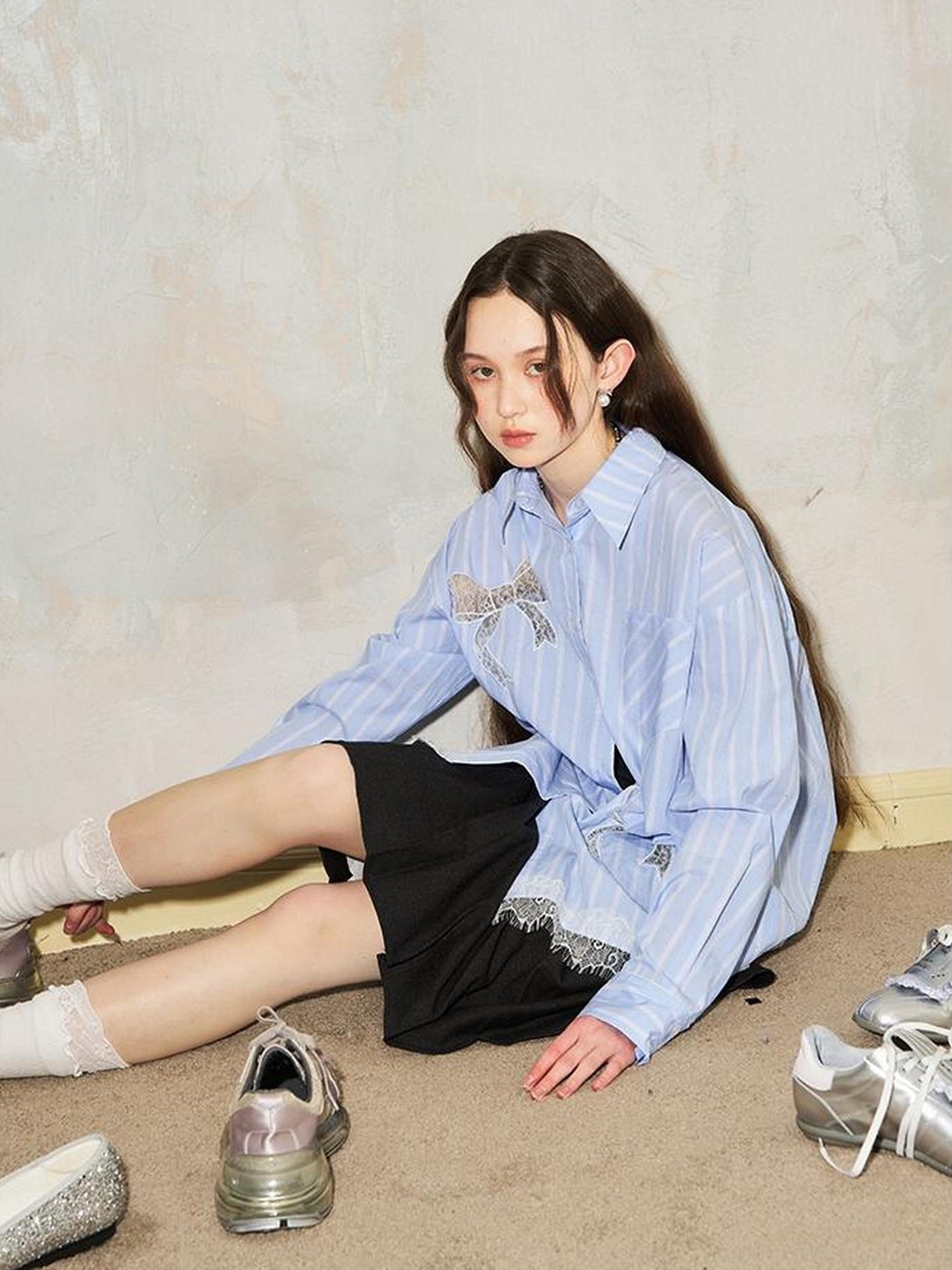 DIDDI MODA Vintage Striped Lace Bow Blouse Romantic Elegant Hollow Out Shirt