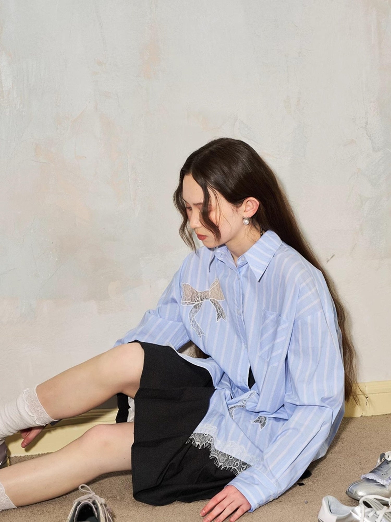 DIDDI MODA Vintage Striped Lace Bow Blouse Romantic Elegant Hollow Out Shirt