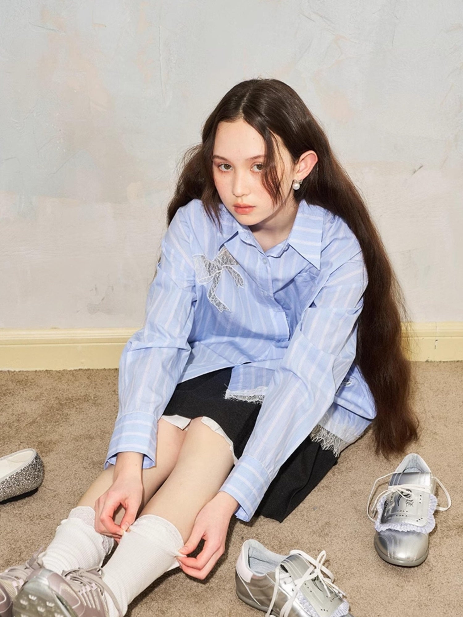 DIDDI MODA Vintage Striped Lace Bow Blouse Romantic Elegant Hollow Out Shirt