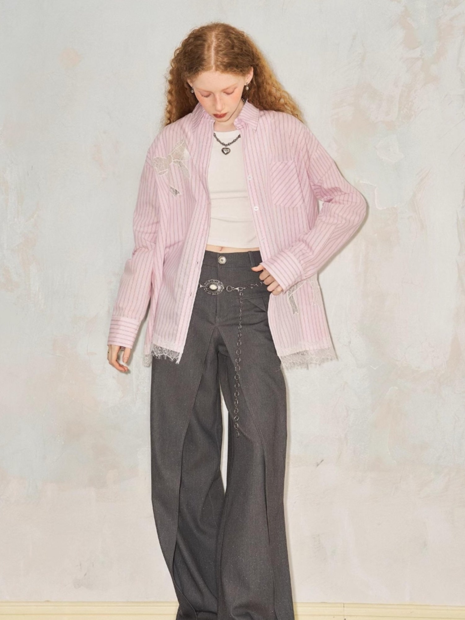 DIDDI MODA Vintage Striped Lace Bow Blouse Romantic Elegant Hollow Out Shirt