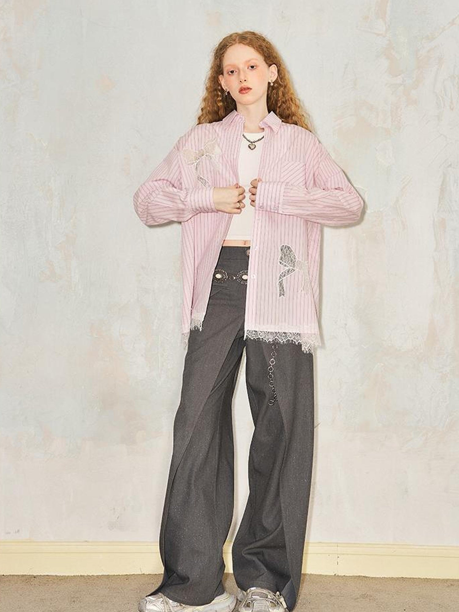 DIDDI MODA Vintage Striped Lace Bow Blouse Romantic Elegant Hollow Out Shirt