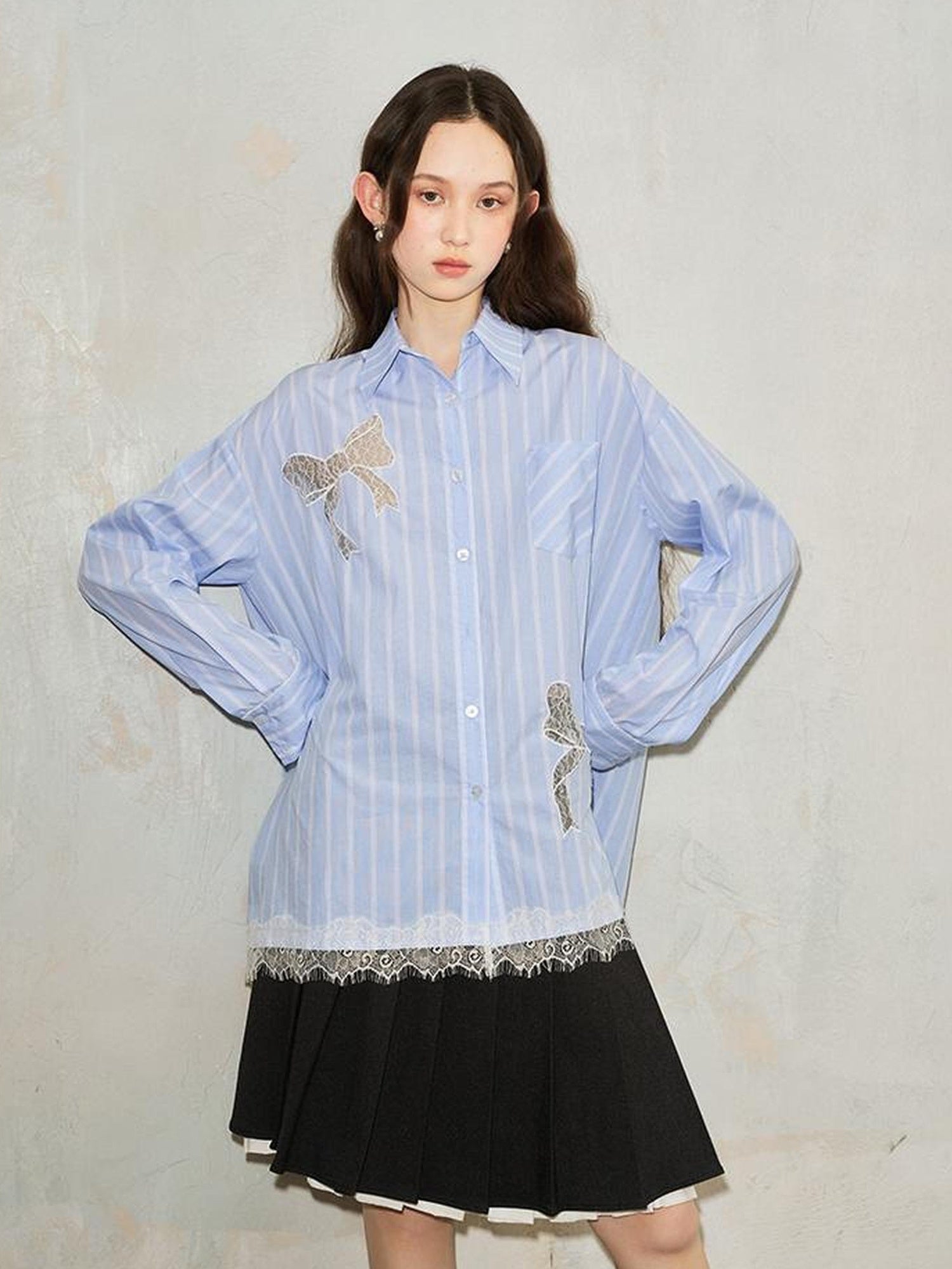 DIDDI MODA Vintage Striped Lace Bow Blouse Romantic Elegant Hollow Out Shirt