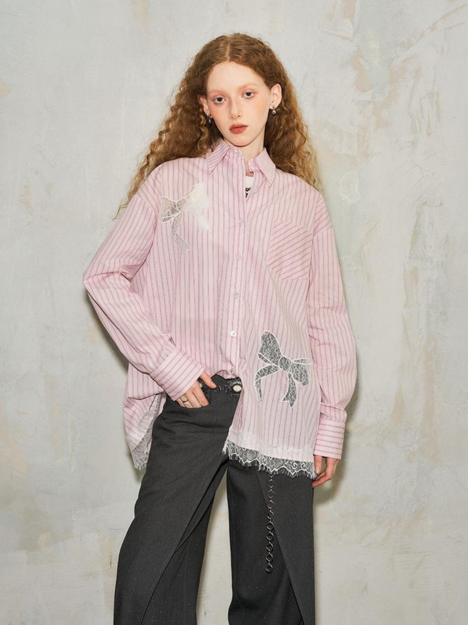 DIDDI MODA Vintage Striped Lace Bow Blouse Romantic Elegant Hollow Out Shirt