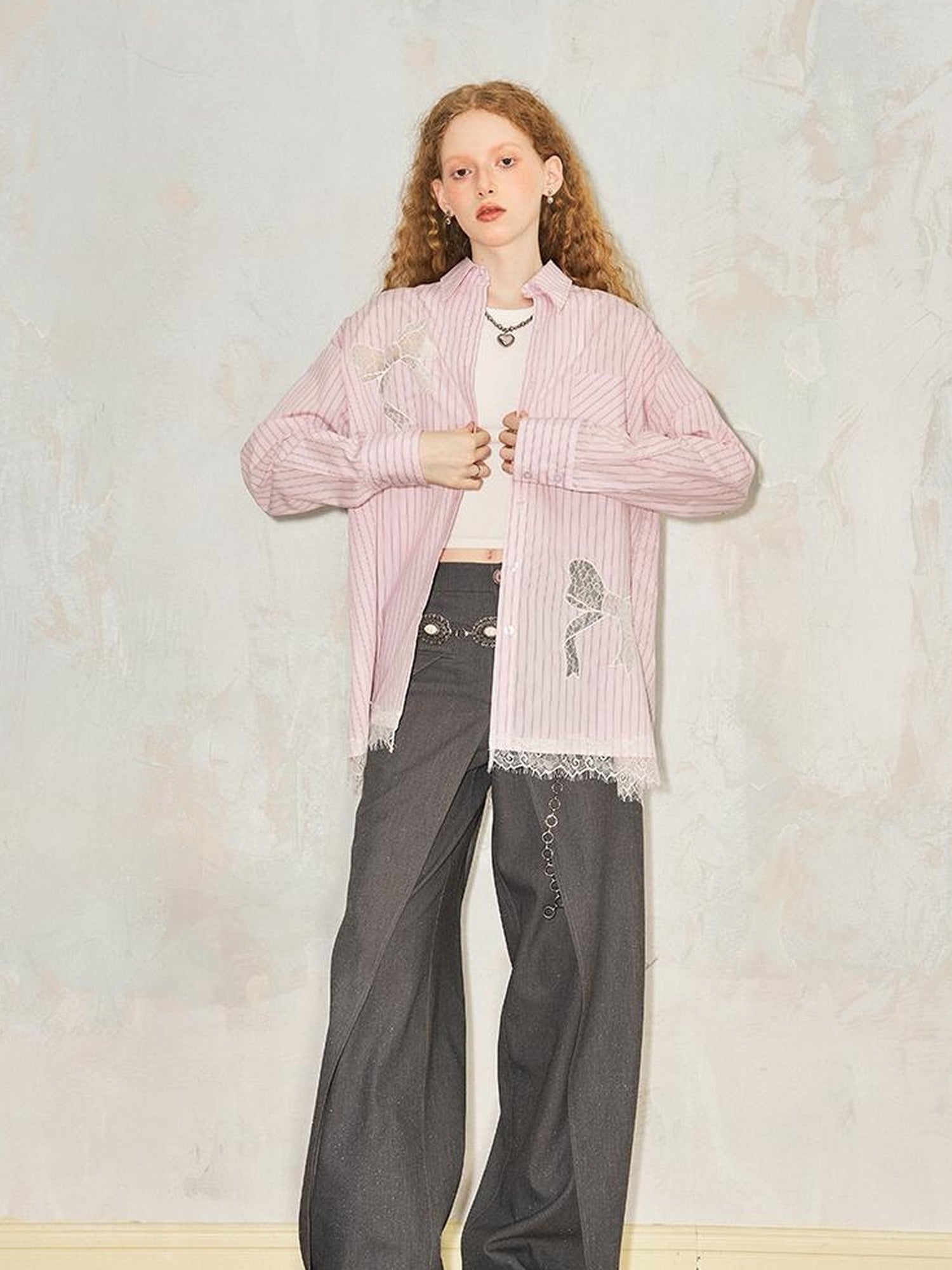 DIDDI MODA Vintage Striped Lace Bow Blouse Romantic Elegant Hollow Out Shirt