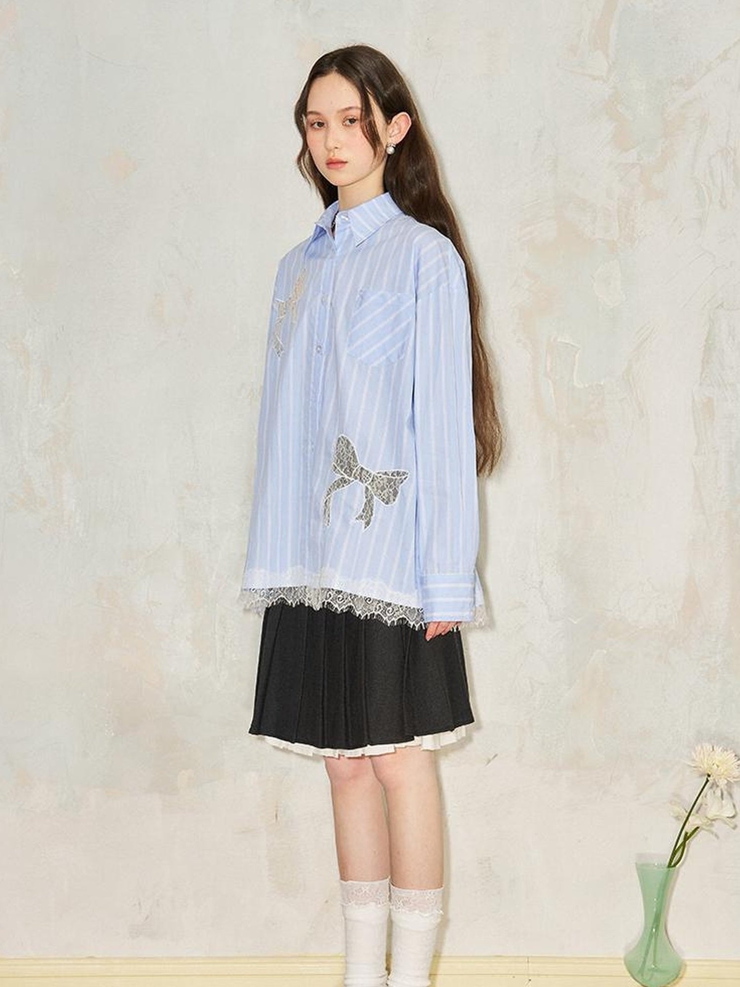 DIDDI MODA Vintage Striped Lace Bow Blouse Romantic Elegant Hollow Out Shirt