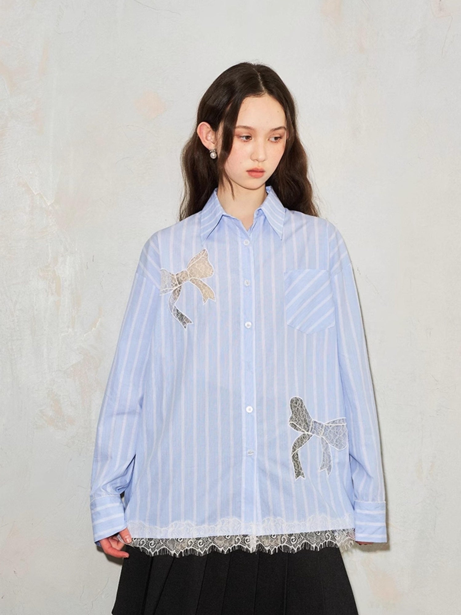 DIDDI MODA Vintage Striped Lace Bow Blouse Romantic Elegant Hollow Out Shirt