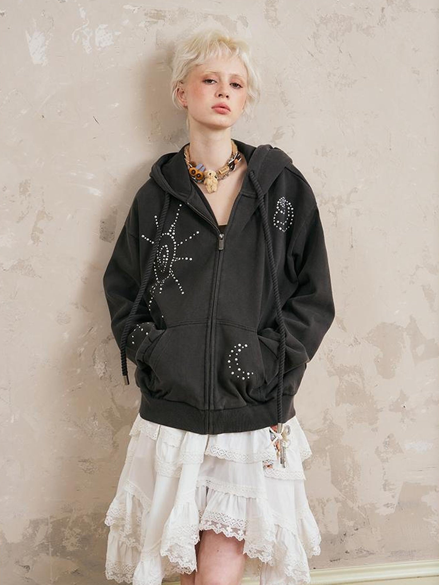 DIDDI MODA Vintage Studded Shell Hoodie With Fleece Lining