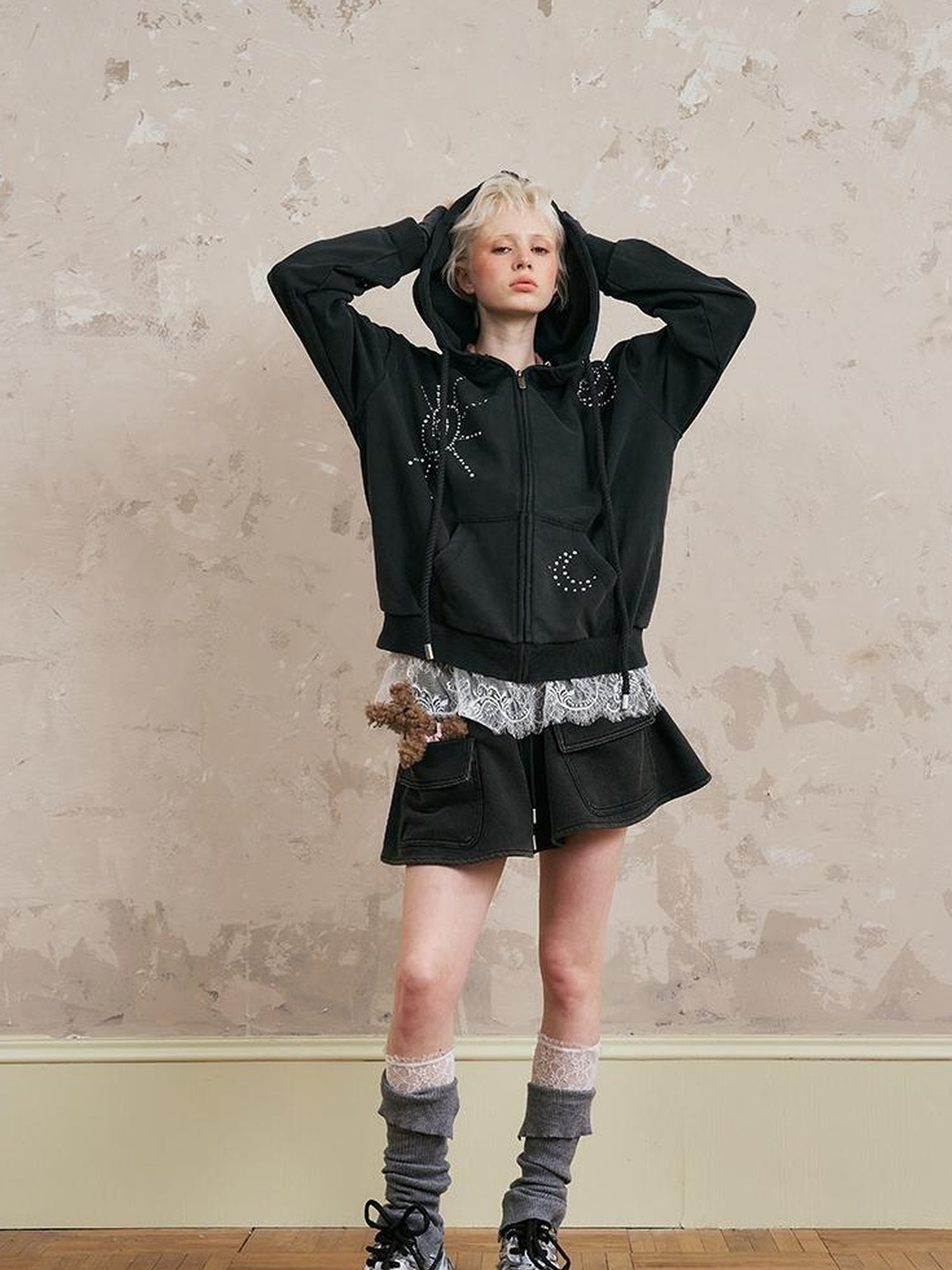 DIDDI MODA Vintage Studded Shell Hoodie With Fleece Lining