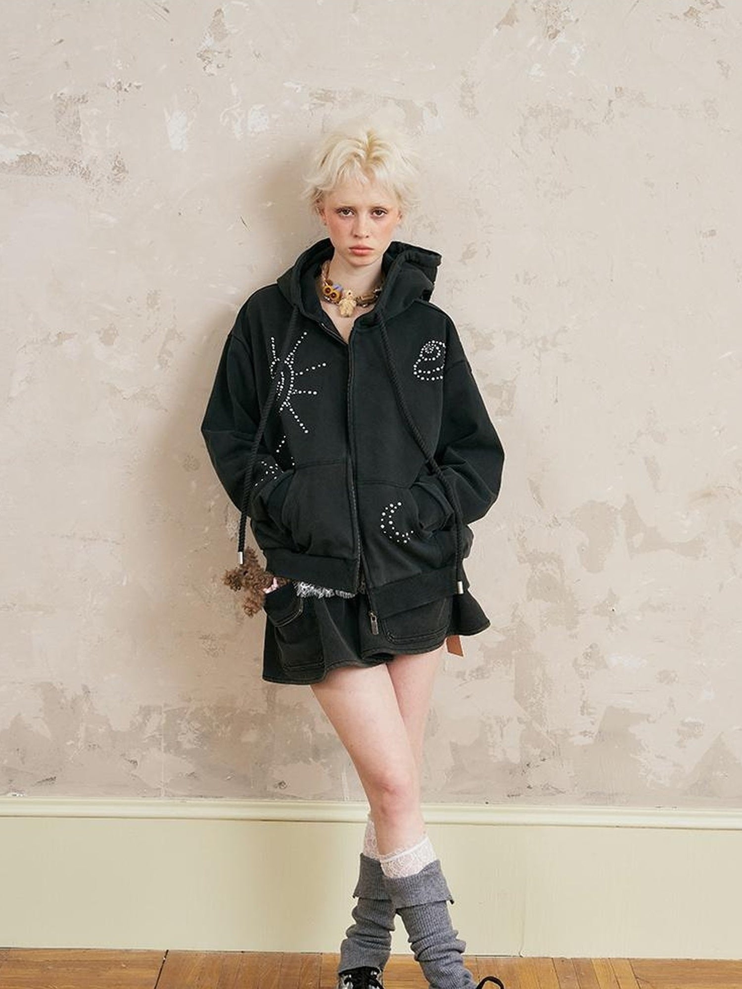 DIDDI MODA Vintage Studded Shell Hoodie With Fleece Lining