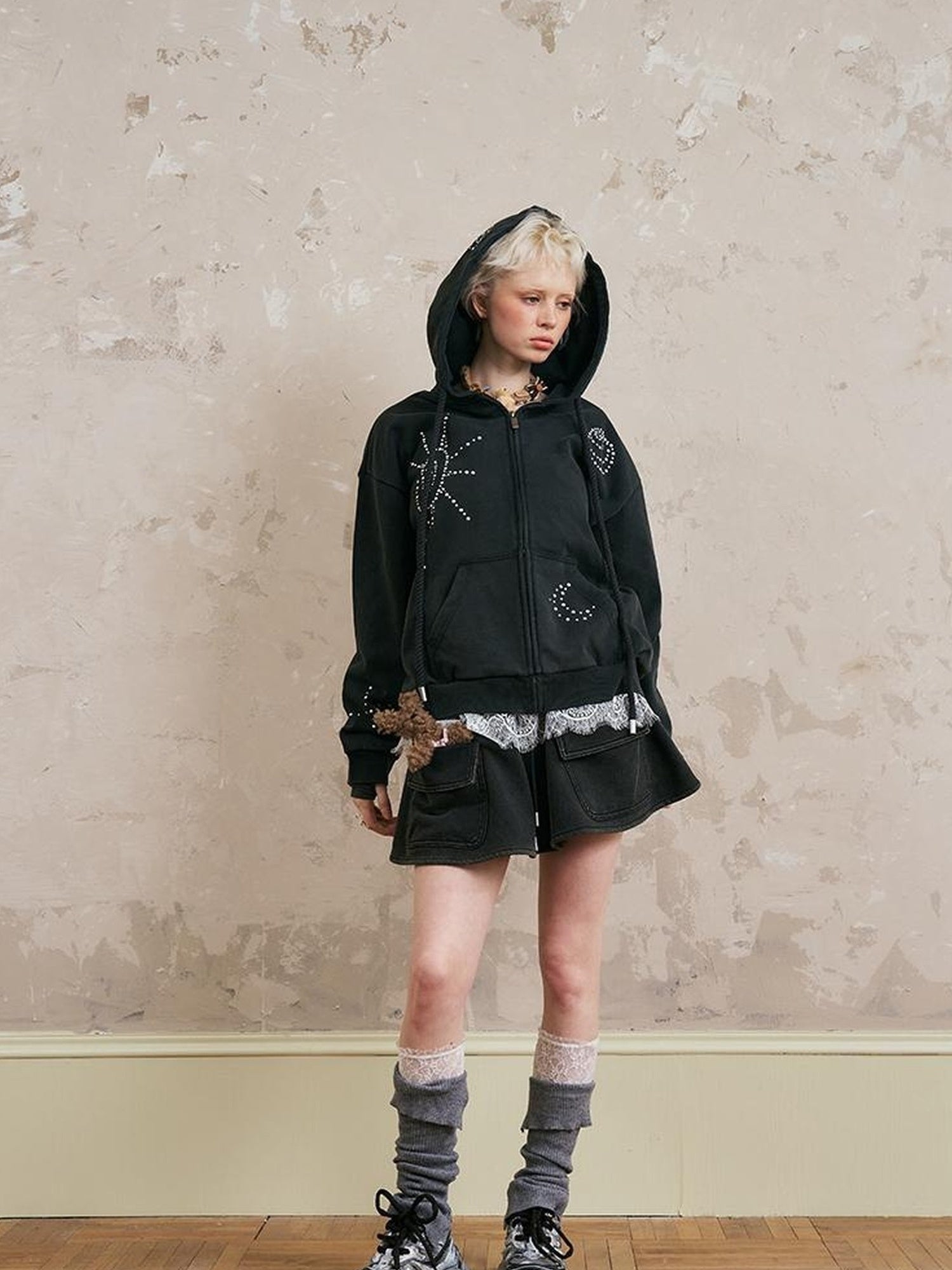 DIDDI MODA Vintage Studded Shell Hoodie With Fleece Lining
