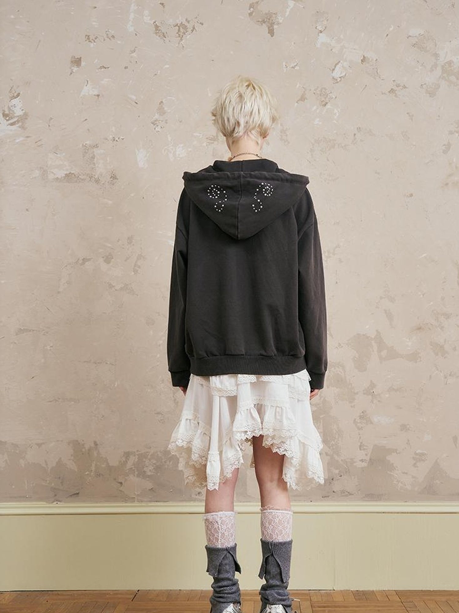 DIDDI MODA Vintage Studded Shell Hoodie With Fleece Lining