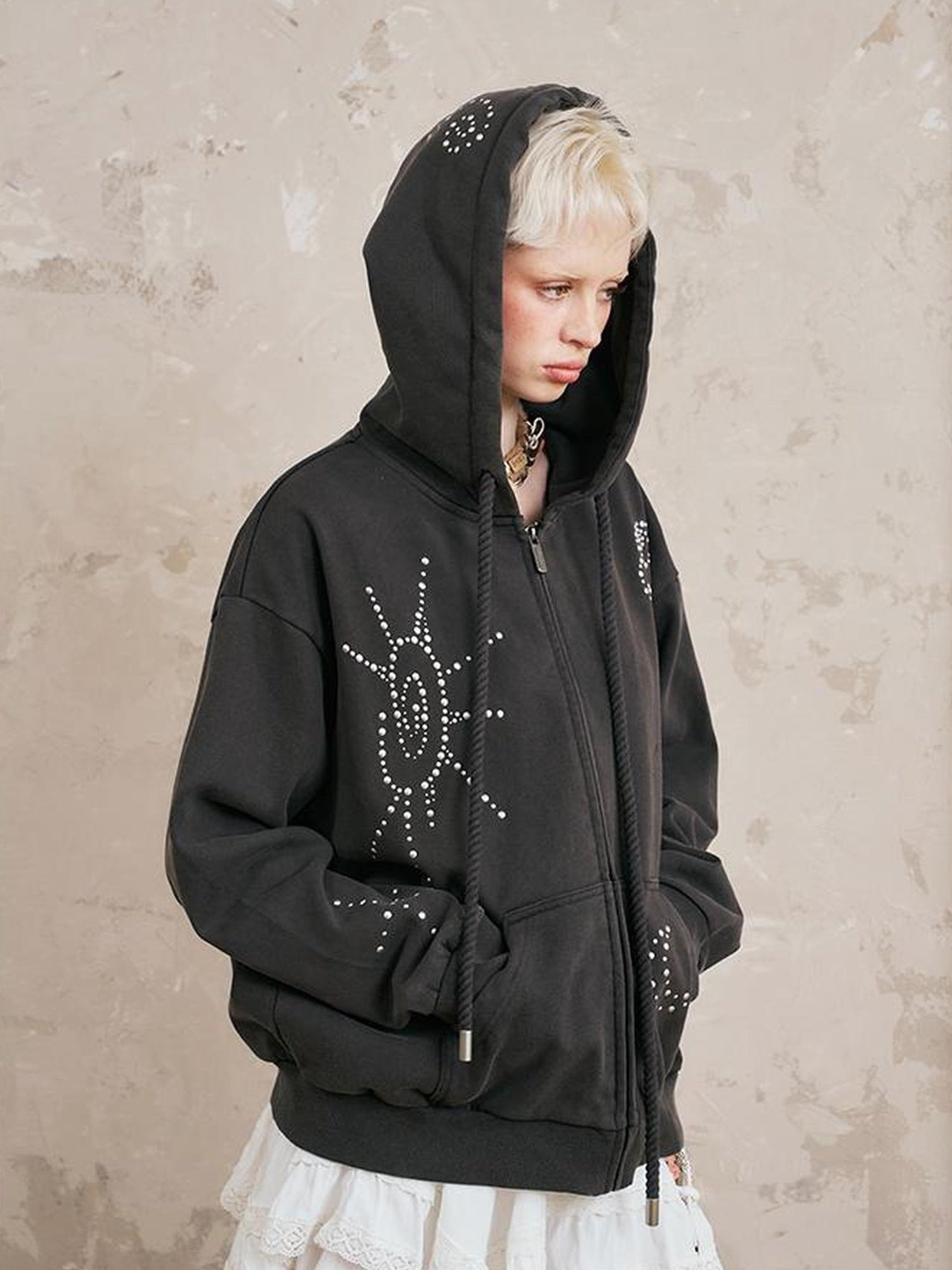 DIDDI MODA Vintage Studded Shell Hoodie With Fleece Lining