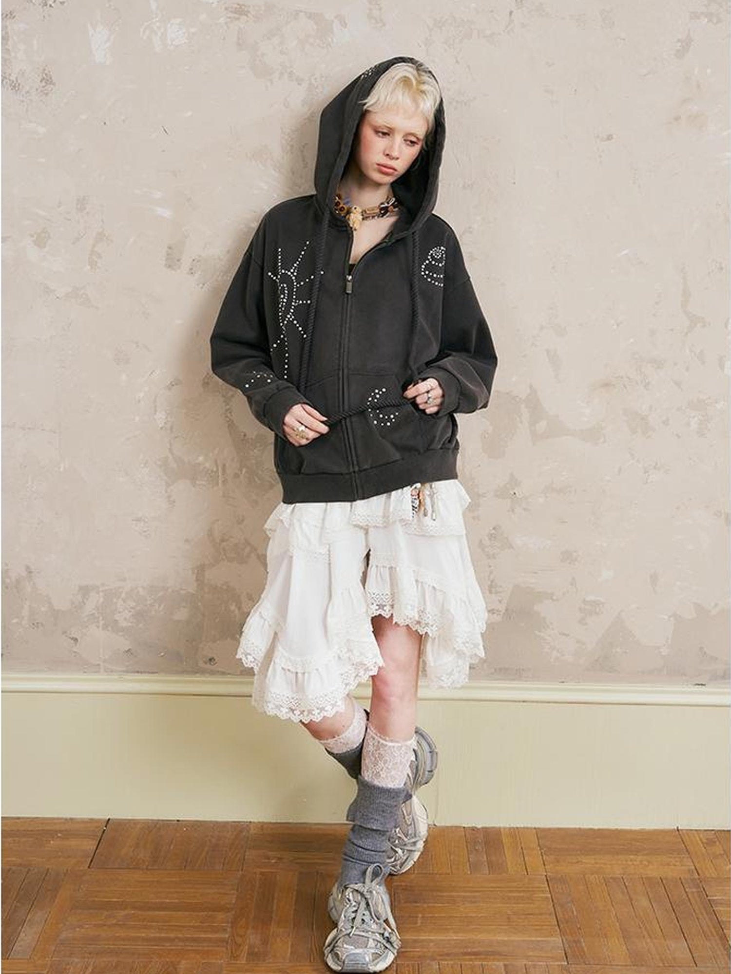 DIDDI MODA Vintage Studded Shell Hoodie With Fleece Lining
