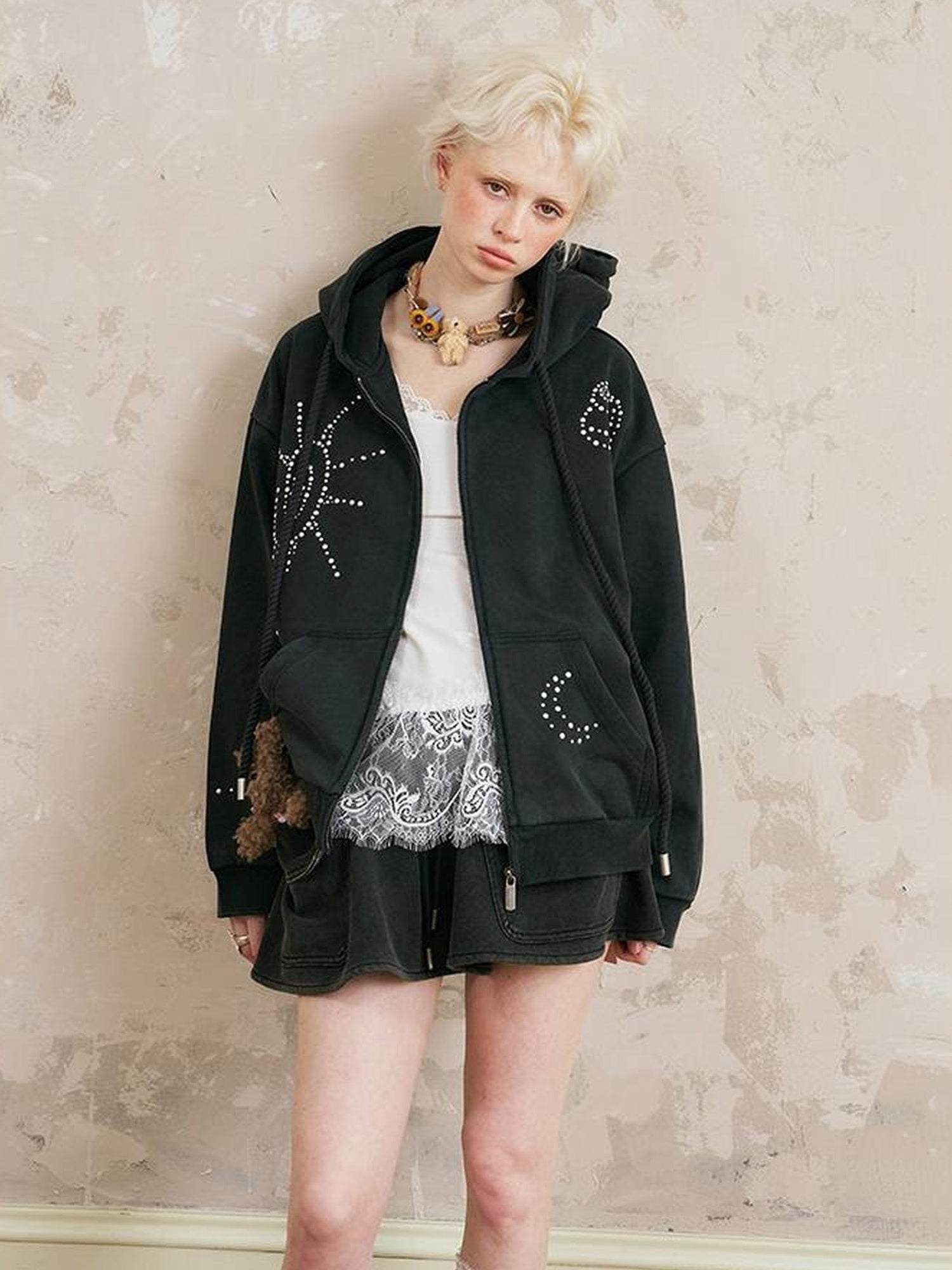 DIDDI MODA Vintage Studded Shell Hoodie With Fleece Lining