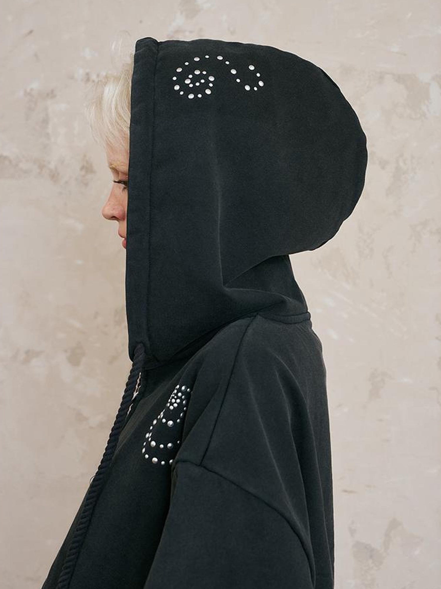 DIDDI MODA Vintage Studded Shell Hoodie With Fleece Lining