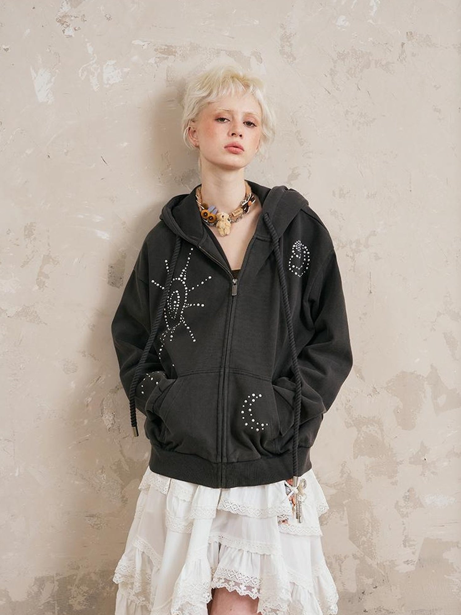 DIDDI MODA Vintage Studded Shell Hoodie With Fleece Lining