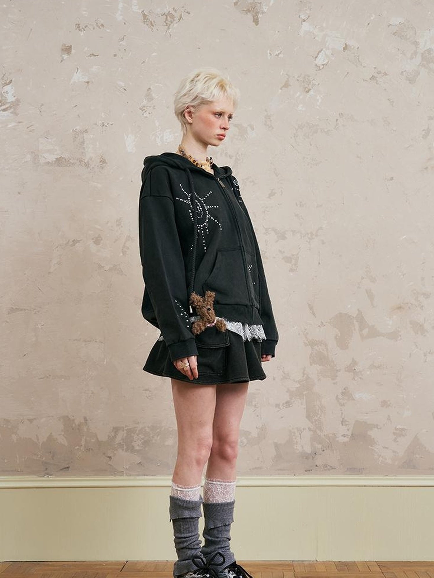 DIDDI MODA Vintage Studded Shell Hoodie With Fleece Lining