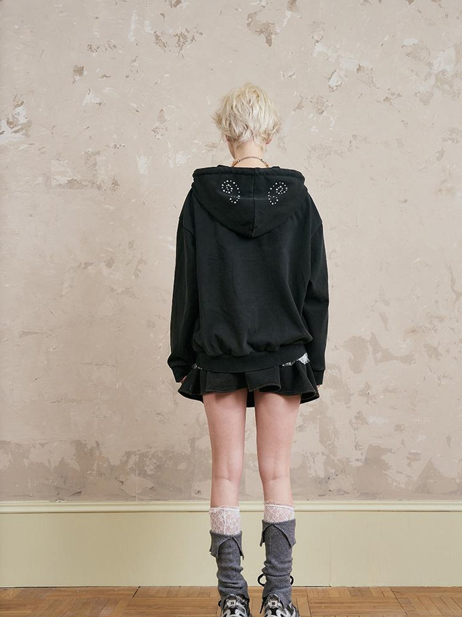 DIDDI MODA Vintage Studded Shell Hoodie With Fleece Lining