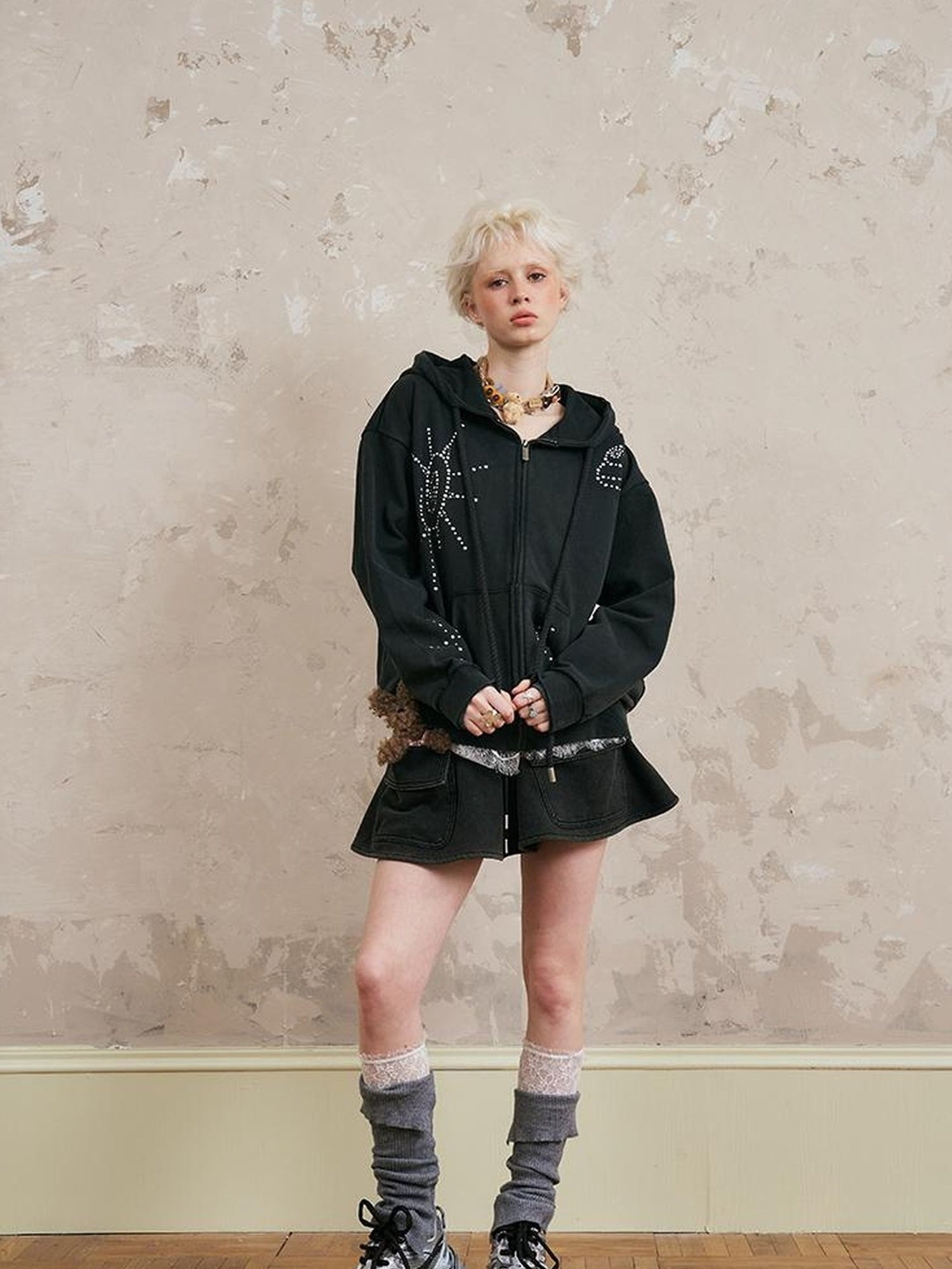 DIDDI MODA Vintage Studded Shell Hoodie With Fleece Lining