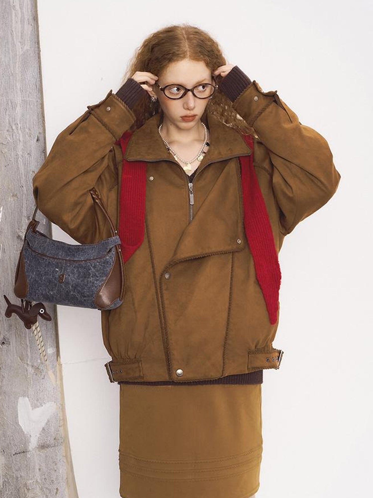 DIDDI MODA Vintage Suede Collar Layered Bomber Jacket