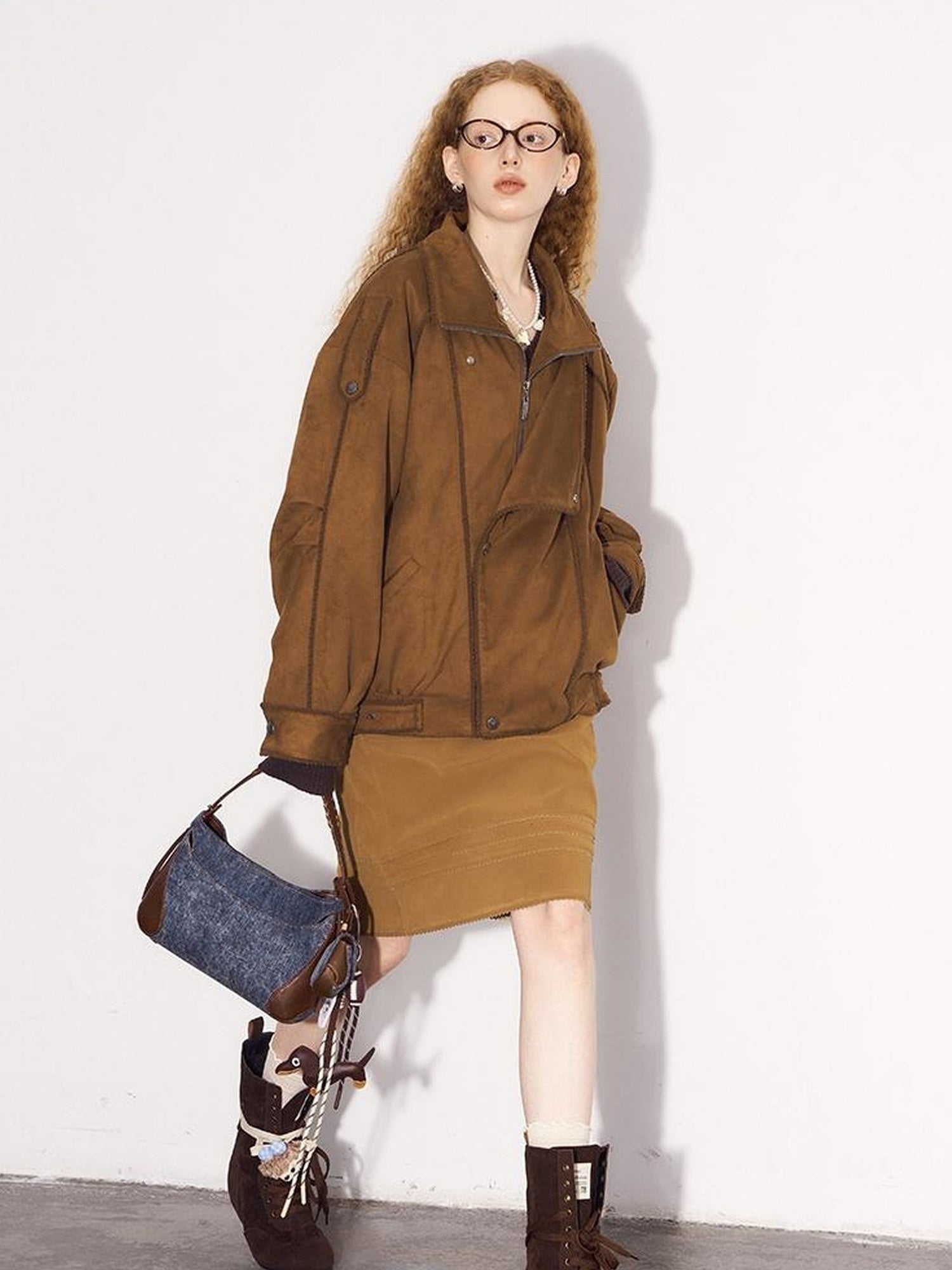 DIDDI MODA Vintage Suede Collar Layered Bomber Jacket