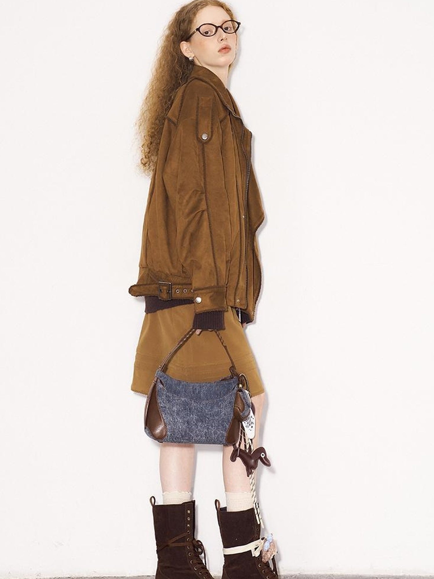 DIDDI MODA Vintage Suede Collar Layered Bomber Jacket