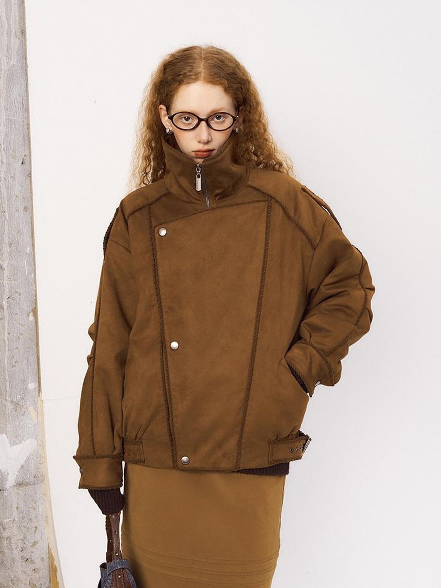 DIDDI MODA Vintage Suede Collar Layered Bomber Jacket