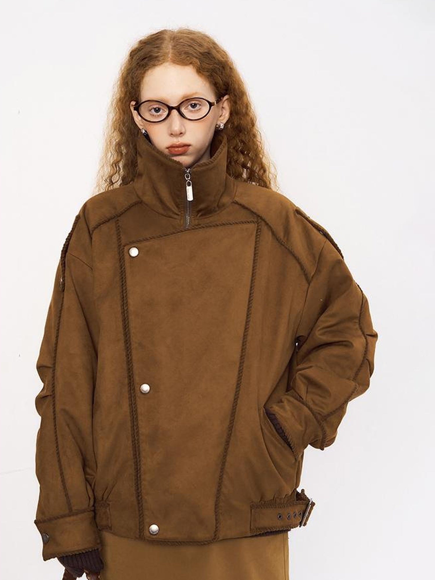 DIDDI MODA Vintage Suede Collar Layered Bomber Jacket