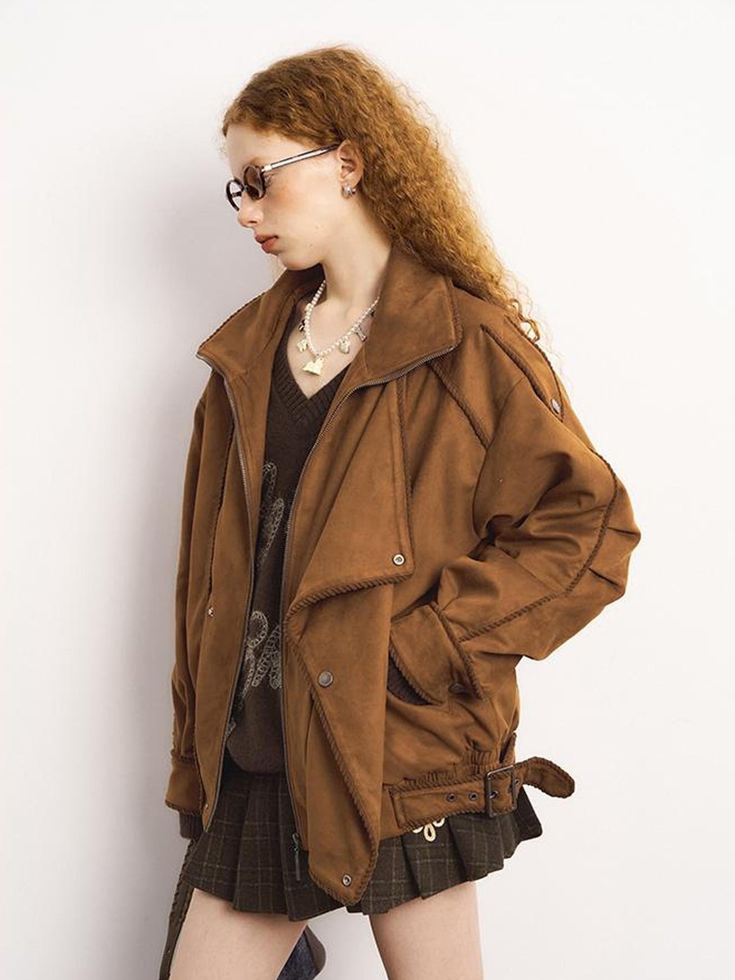 DIDDI MODA Vintage Suede Collar Layered Bomber Jacket