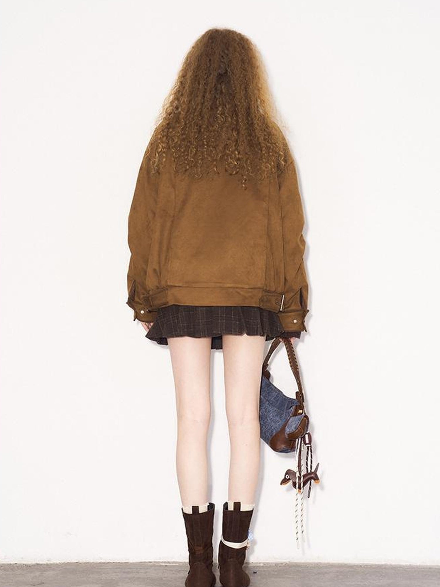 DIDDI MODA Vintage Suede Collar Layered Bomber Jacket