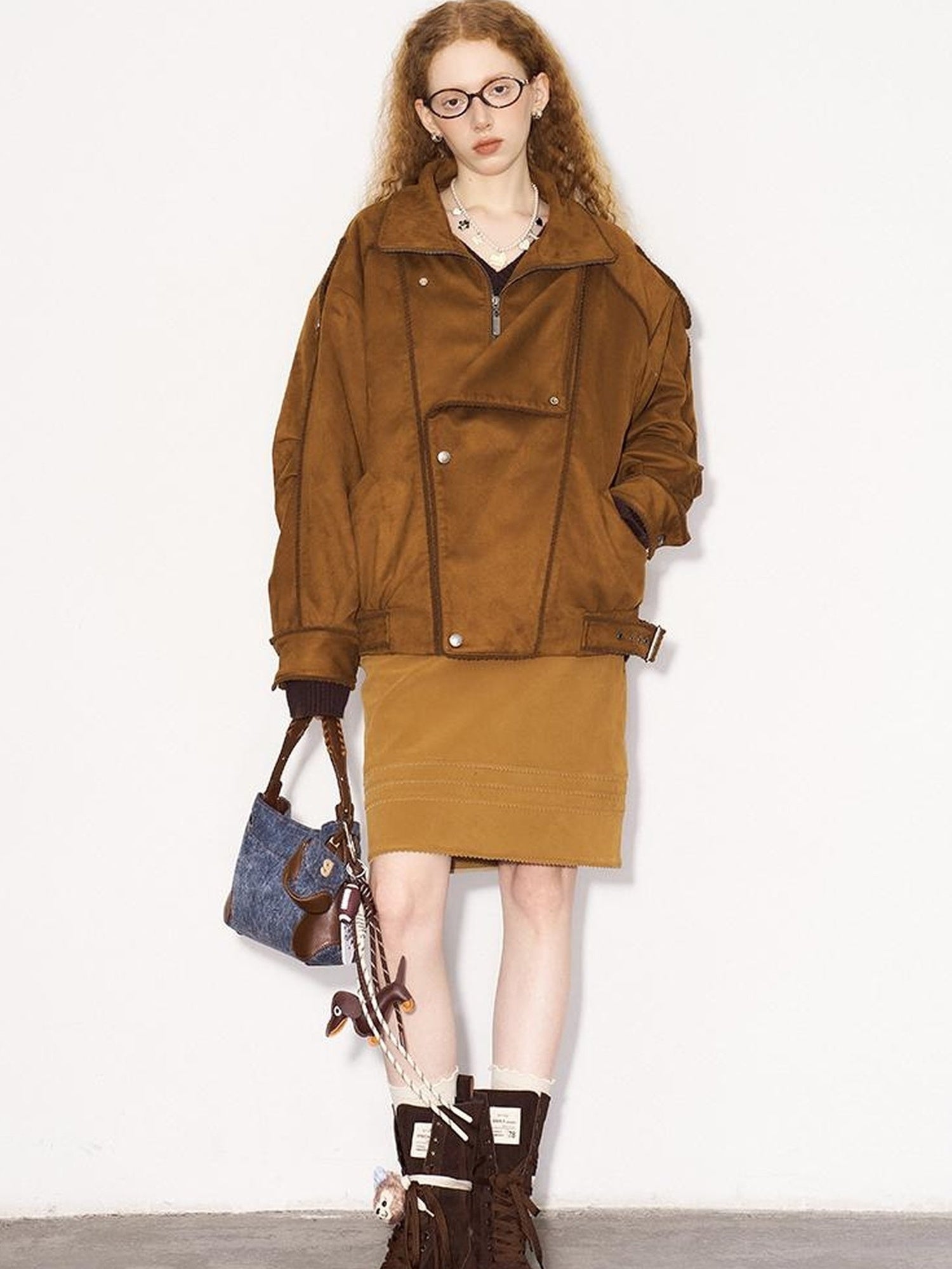 DIDDI MODA Vintage Suede Collar Layered Bomber Jacket