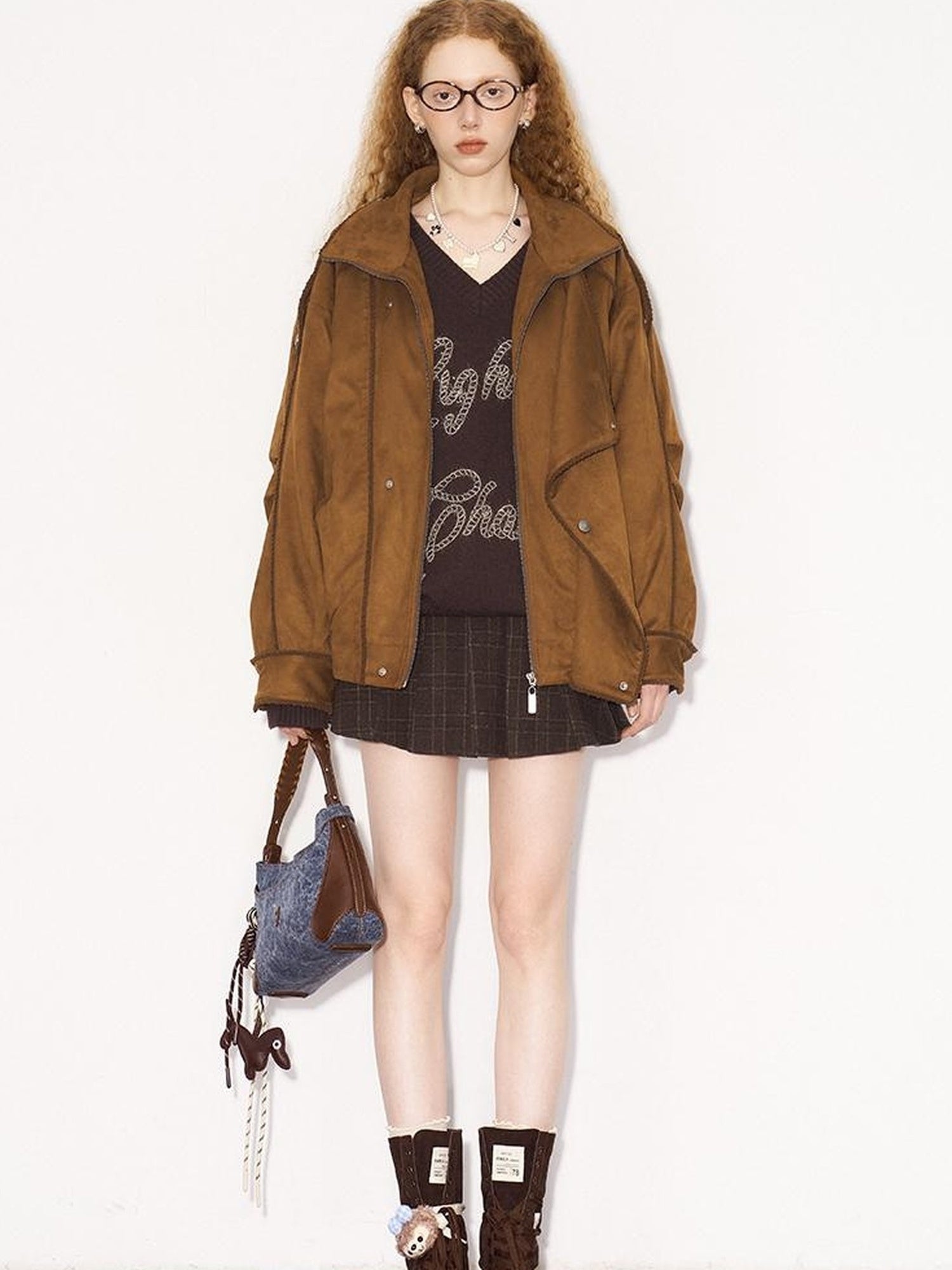 DIDDI MODA Vintage Suede Collar Layered Bomber Jacket