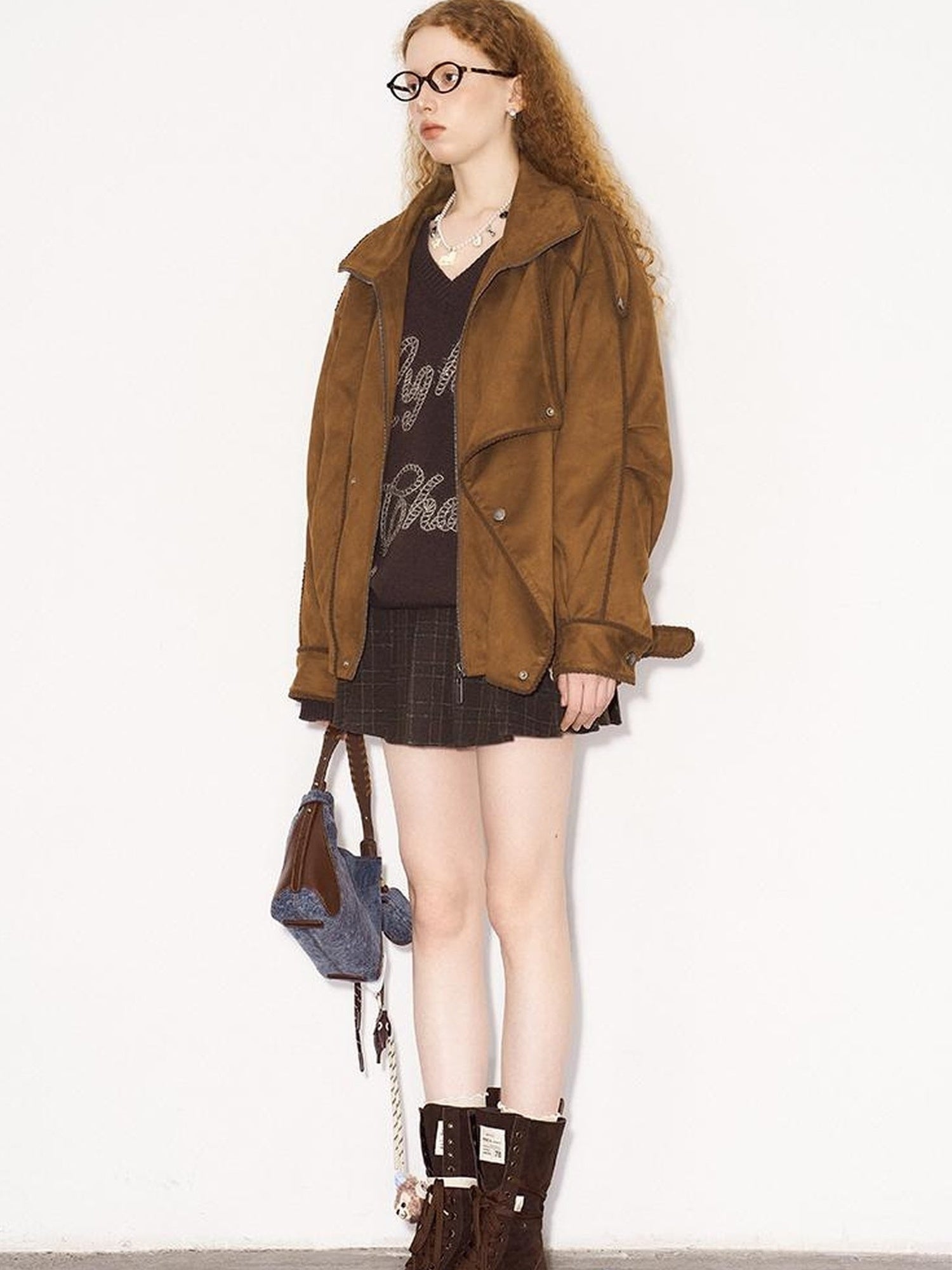 DIDDI MODA Vintage Suede Collar Layered Bomber Jacket