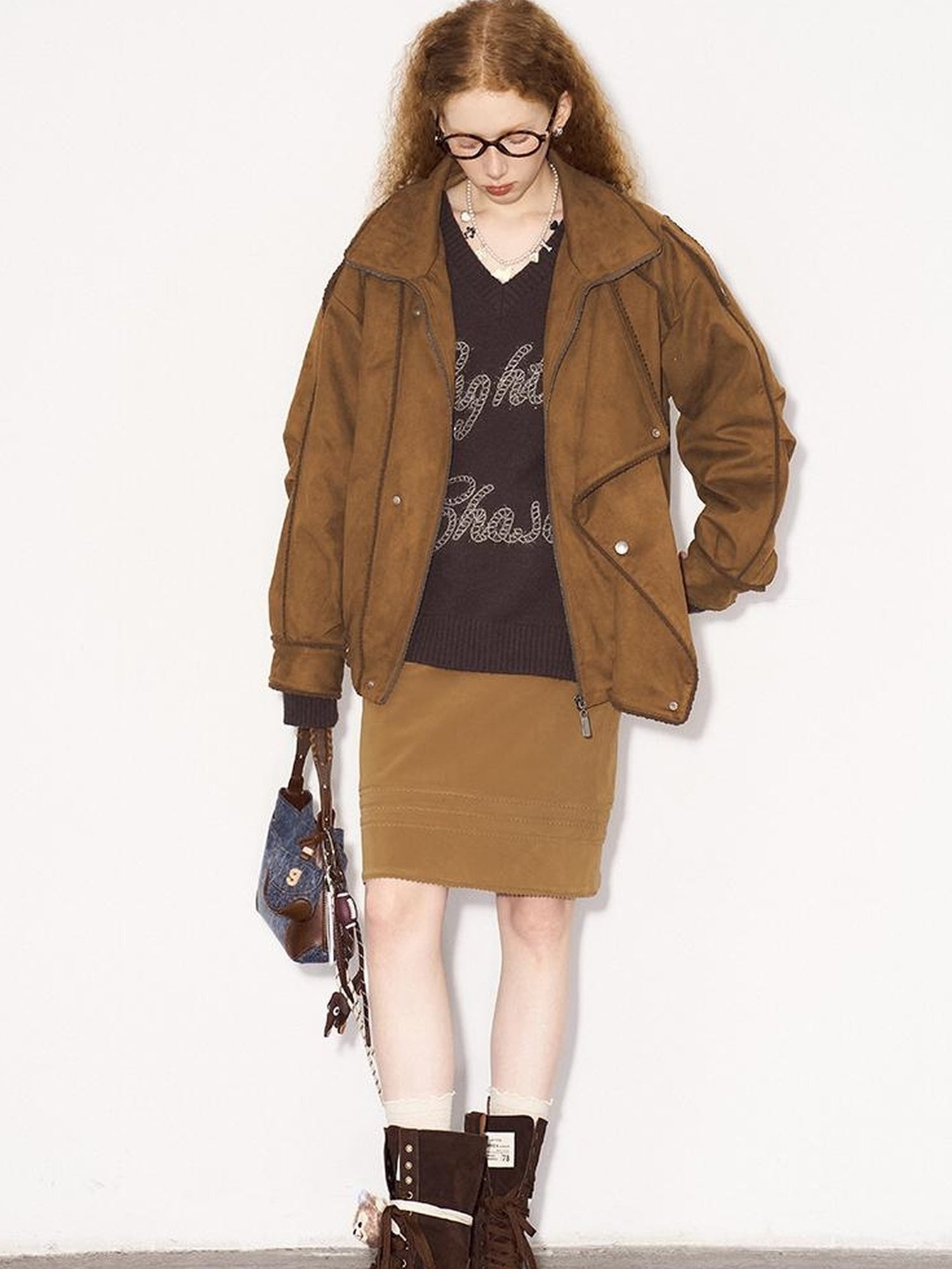 DIDDI MODA Vintage Suede Collar Layered Bomber Jacket