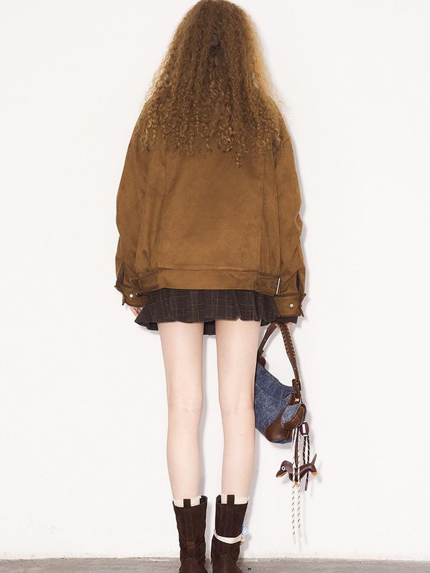 DIDDI MODA Vintage Suede Collar Layered Bomber Jacket