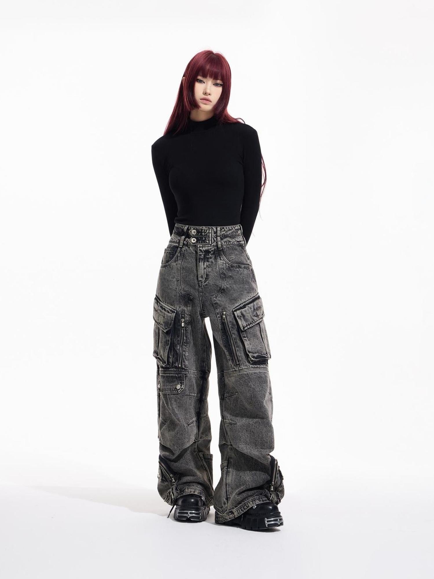 Peoplesense Vintage Utility Cargo Jeans Unisex Wide Leg Trousers