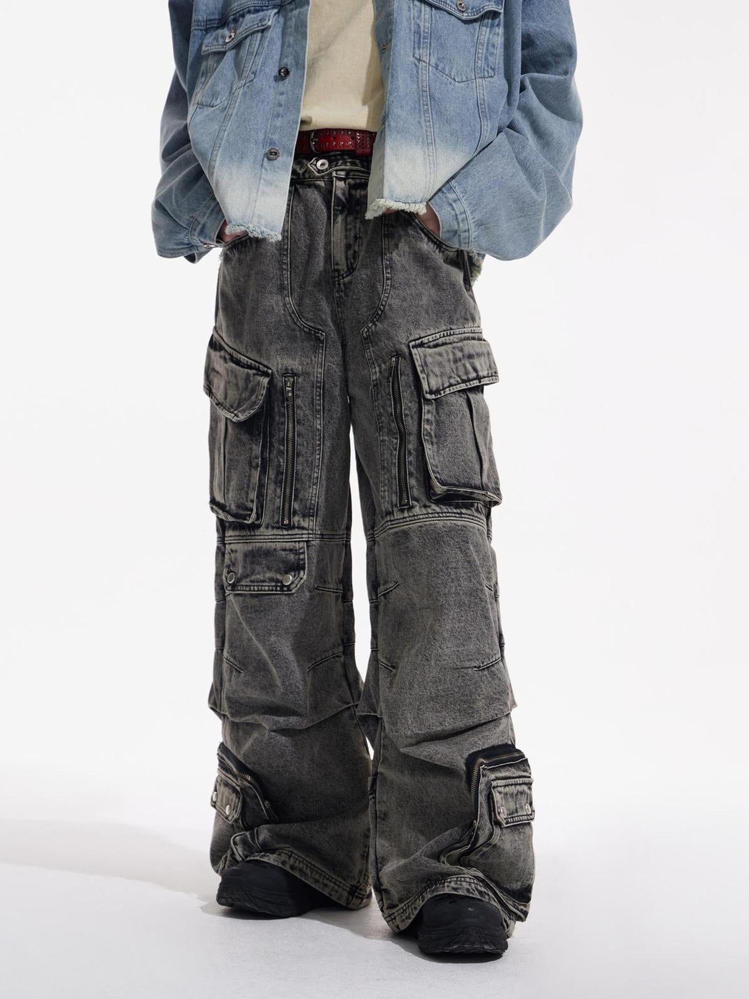 Peoplesense Vintage Utility Cargo Jeans Unisex Wide Leg Trousers