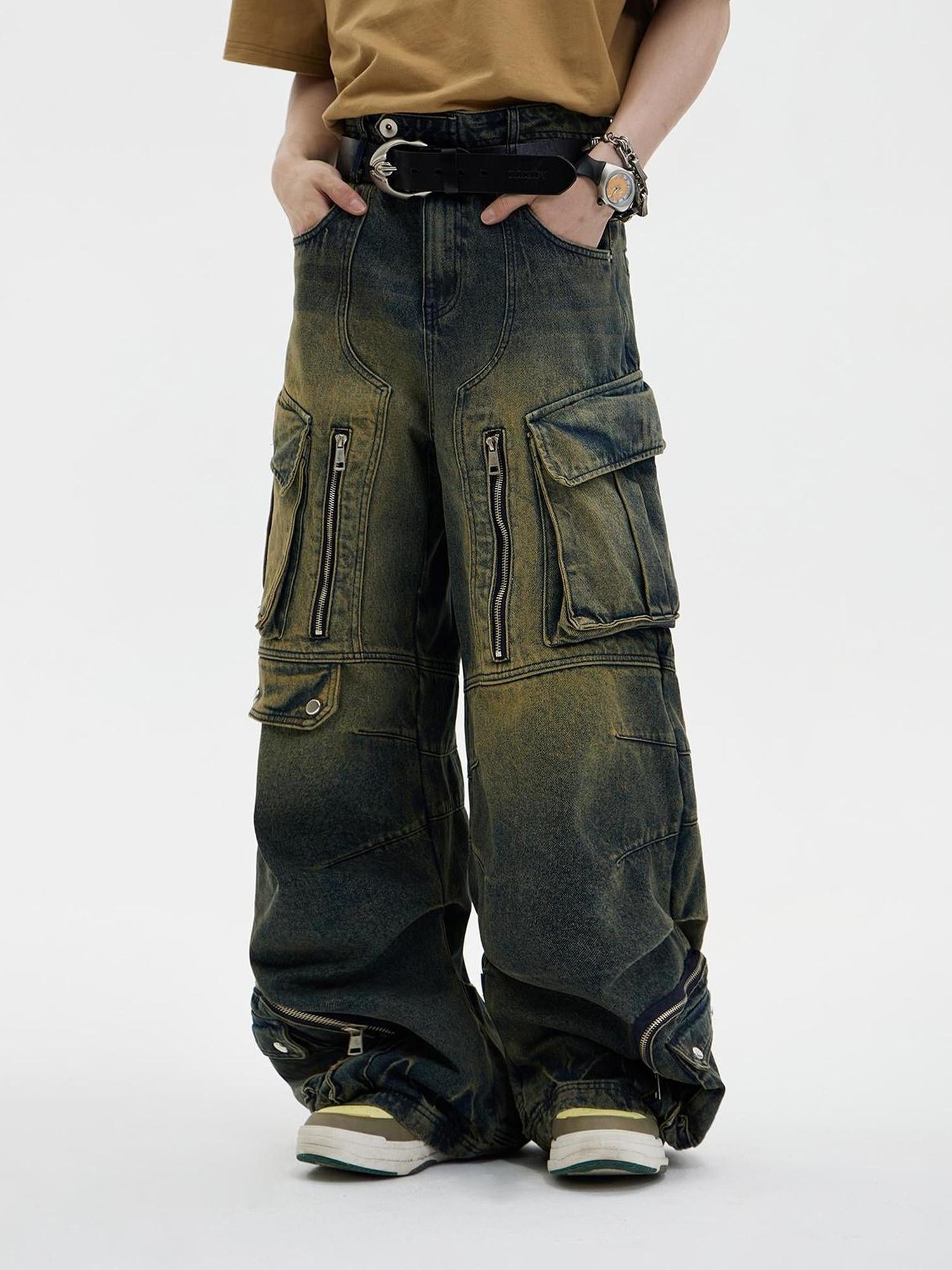 Peoplesense Vintage Utility Cargo Jeans Unisex Wide Leg Trousers