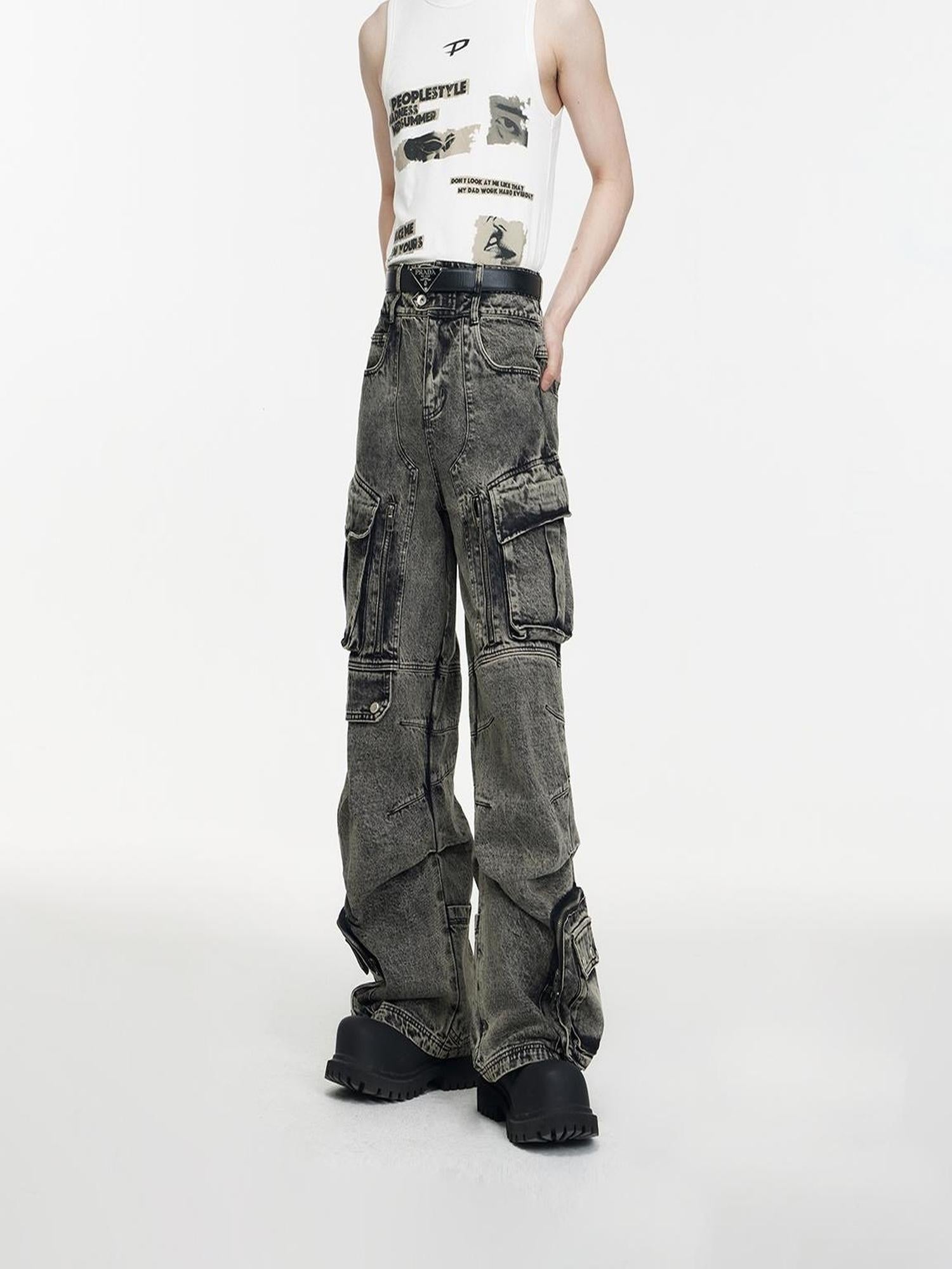 Peoplesense Vintage Utility Cargo Jeans Unisex Wide Leg Trousers