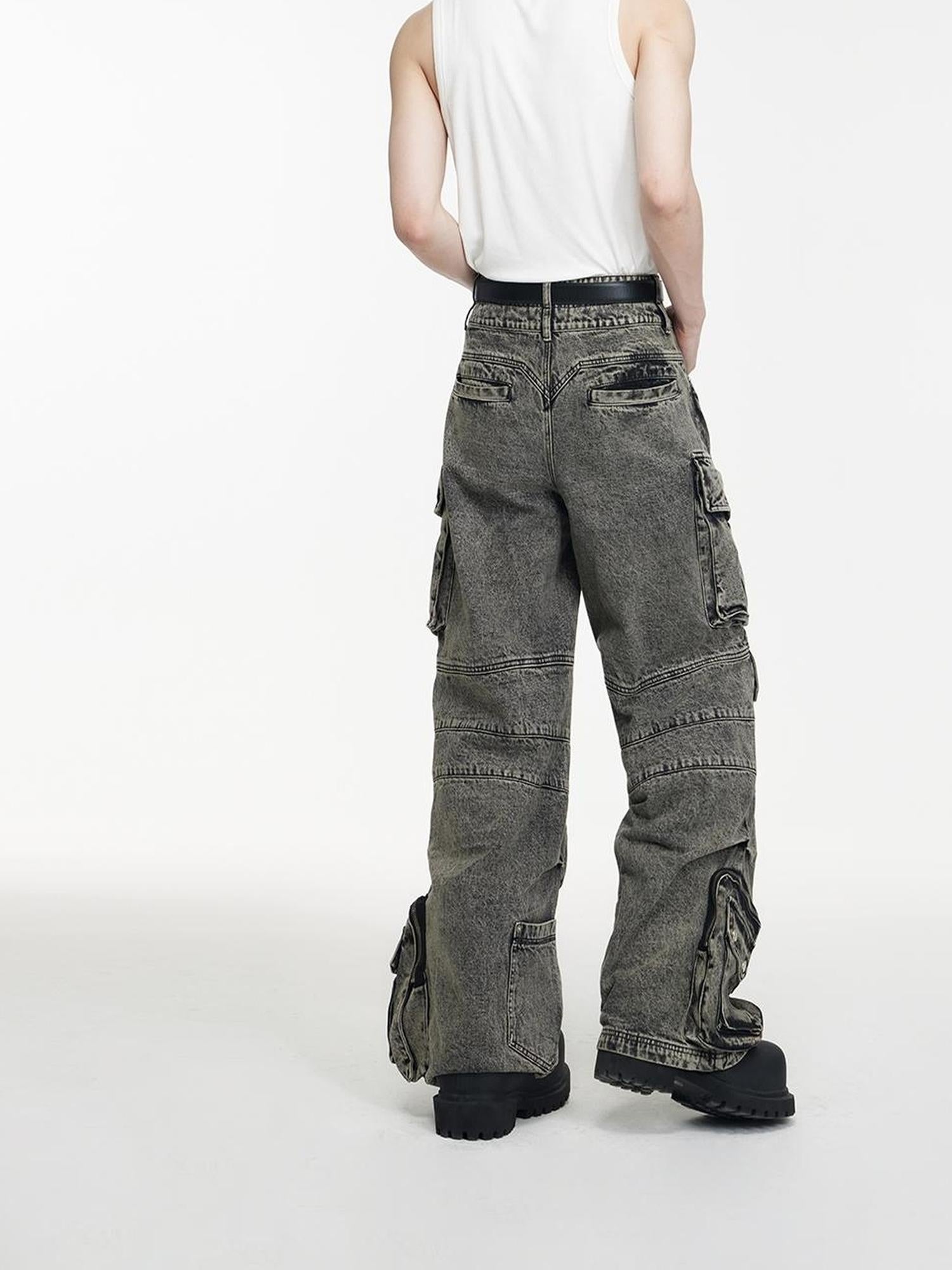 Peoplesense Vintage Utility Cargo Jeans Unisex Wide Leg Trousers